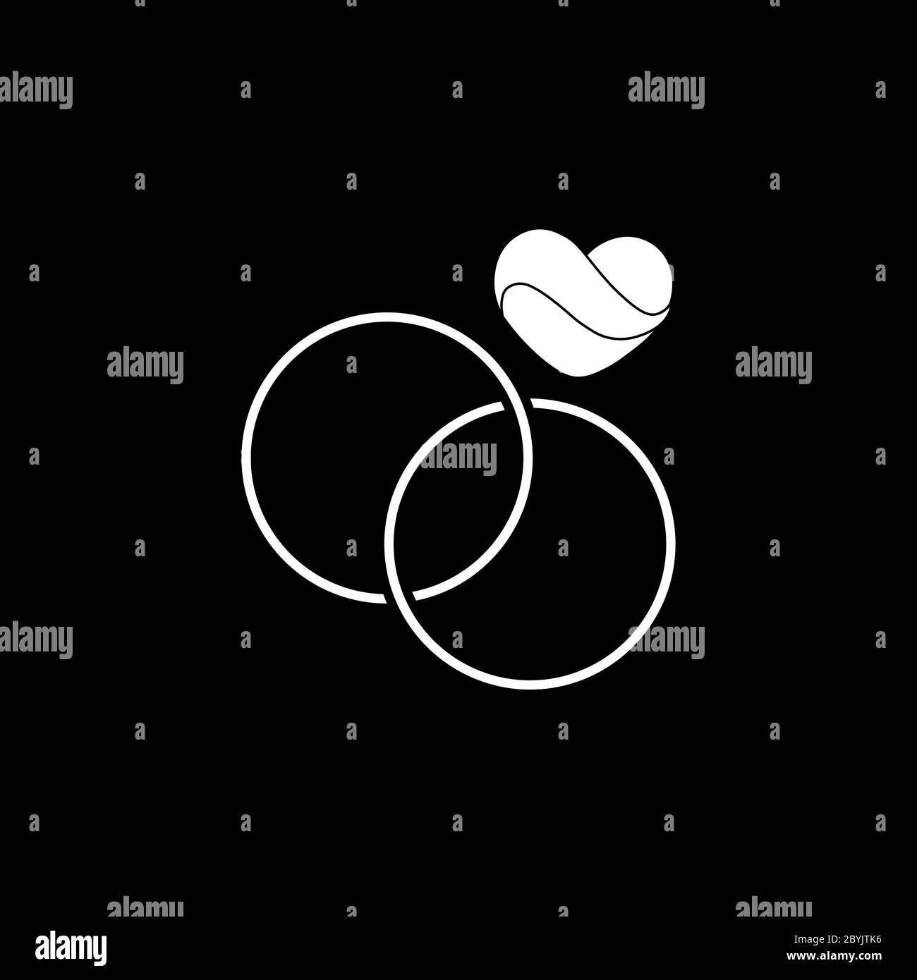 Anelli di nozze con un logo icona cuore piatto in bianco su sfondo nero isolato. EPS 10 vettore o San Valentino. Icona semplice amore per i siti web. Illustrazione Vettoriale