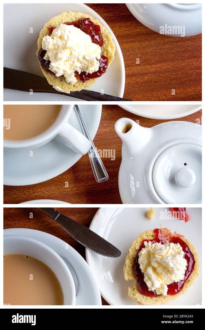 Trittico collage di tradizionale tè pomeridiano inglese di scones con crema coagulata e marmellata, insieme ad una tazza di tè caldo. Foto Stock