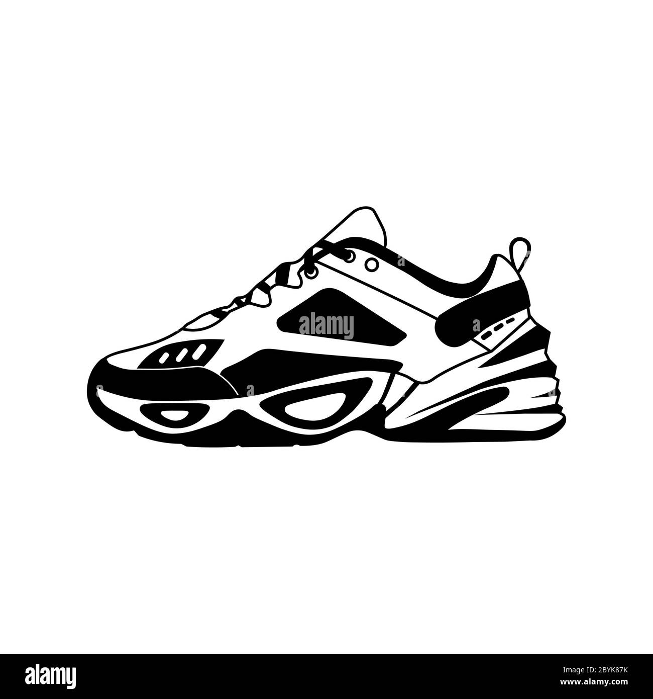 Icona vettoriale sneaker in nero o realistico scarpe da running sportive moda per allenamento e fitness su uno sfondo bianco isolato. Vettore EPS 10. Illustrazione Vettoriale