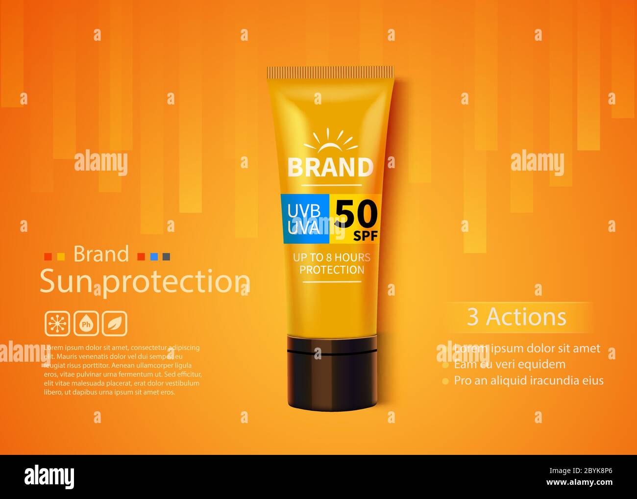 Sunblock ads template, protezione solare prodotti cosmetici design con crema idratante o liquido. Disegno vettoriale. Illustrazione Vettoriale