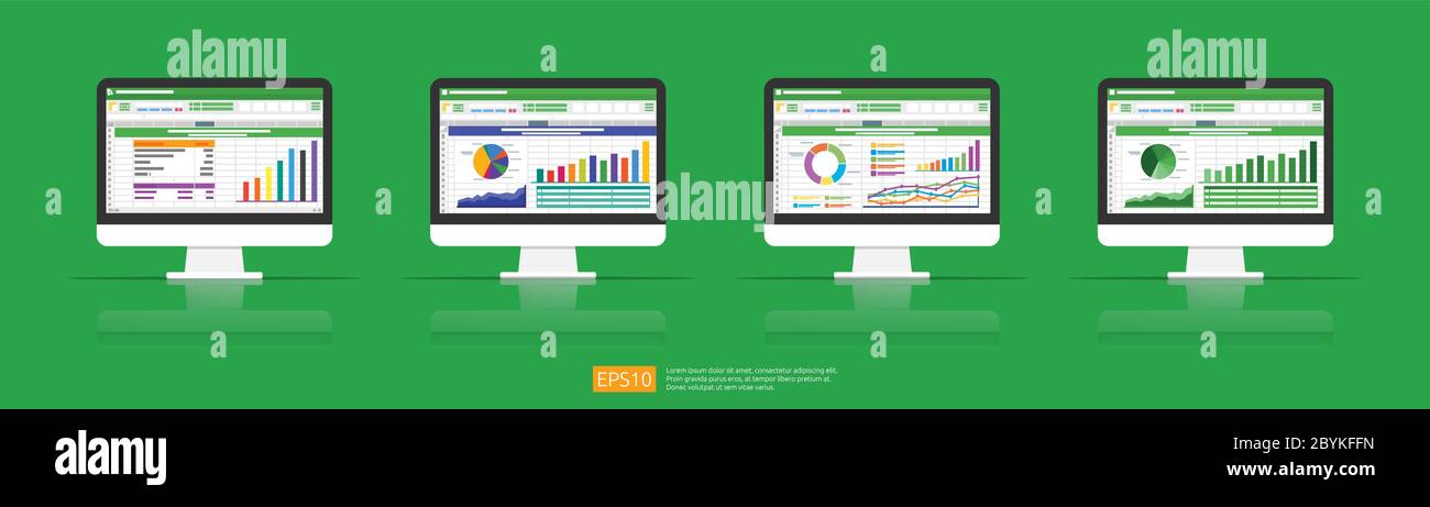 Icona foglio di calcolo sullo schermo piatto del computer. Concetto di rapporto di contabilità finanziaria. cose di ufficio per la pianificazione e la contabilità, l'analisi, la revisione, l'uomo di progetto Illustrazione Vettoriale