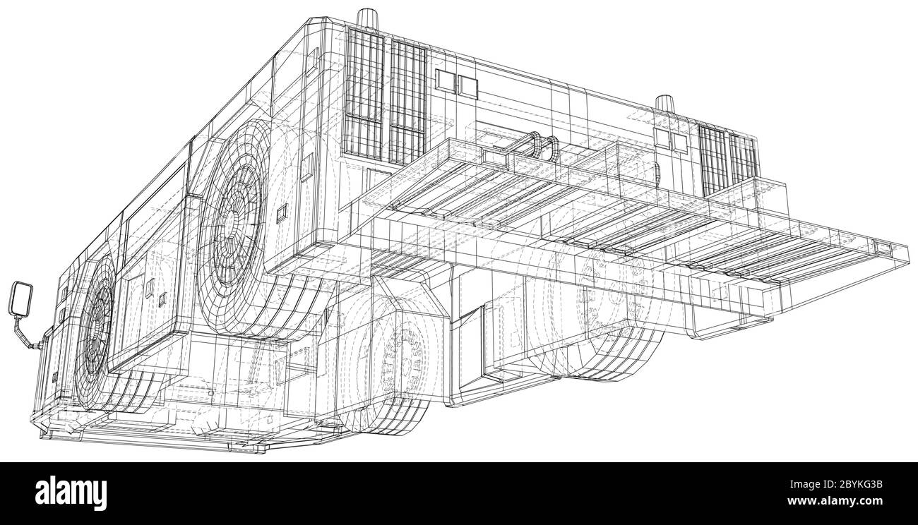 Trasporto di autocarri di traino in aeroporto isolato. Rendering 3D. Telaio a filo. I livelli delle linee visibili e invisibili sono separati. Formato EPS10. Illustrazione Vettoriale