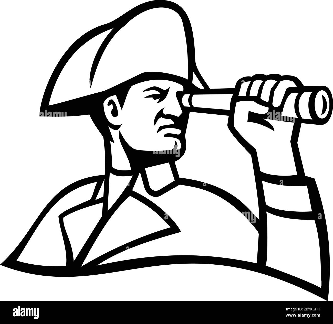 Mascot icona illustrazione di testa di un ammiraglio britannico della flotta guardando attraverso un telescopio visto da un lato su sfondo isolato in nero retrò e. Illustrazione Vettoriale