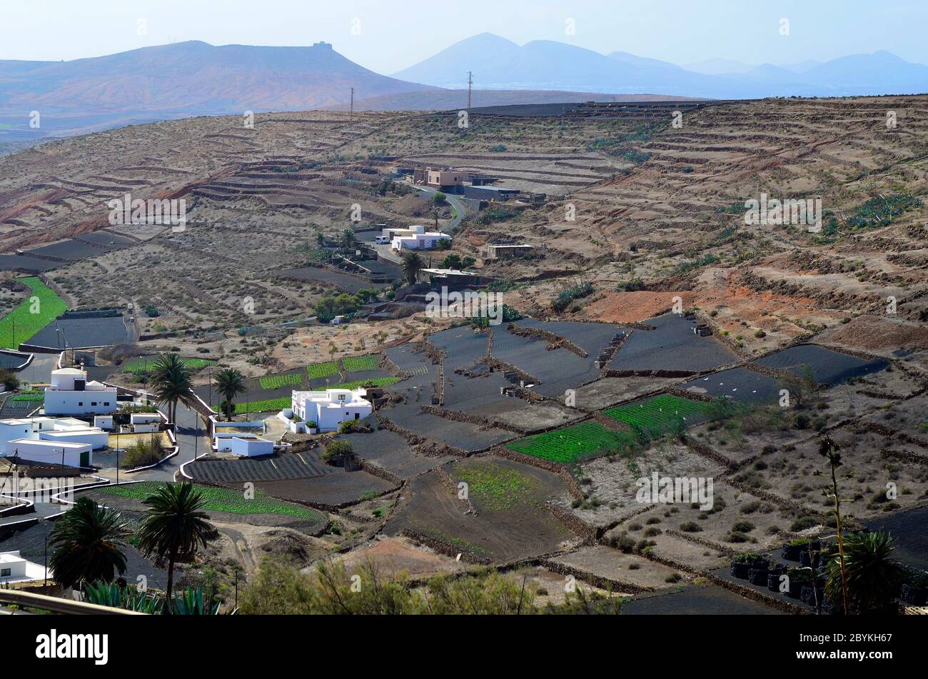 Spagna, Lanzarote, case in zona agricola con campi terrazzati a Los Valles, Isole Canarie, Foto Stock