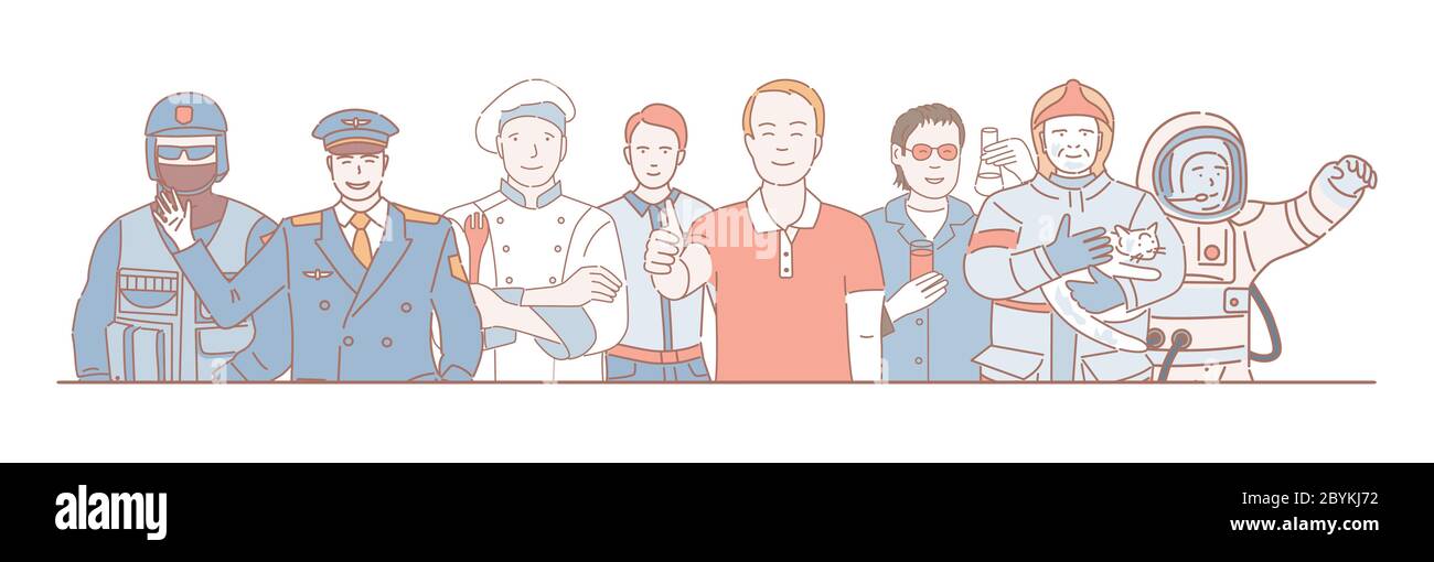 Gruppo di persone di diverse professioni. Concetto di contorno del vettore Labor Day. Poliziotto, pilota, cuoco, lavoratore d'ufficio, uomo d'affari, chimico, bagnino e astronauta. Illustrazione Vettoriale