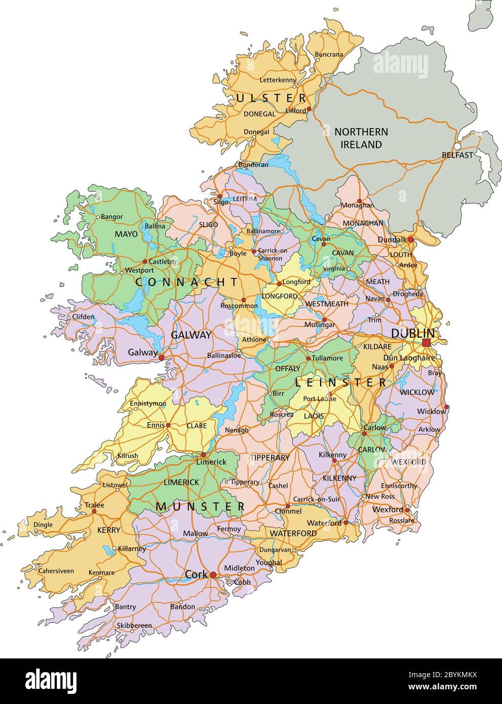 Irlanda - Mappa politica modificabile e molto dettagliata con etichettatura. Illustrazione Vettoriale