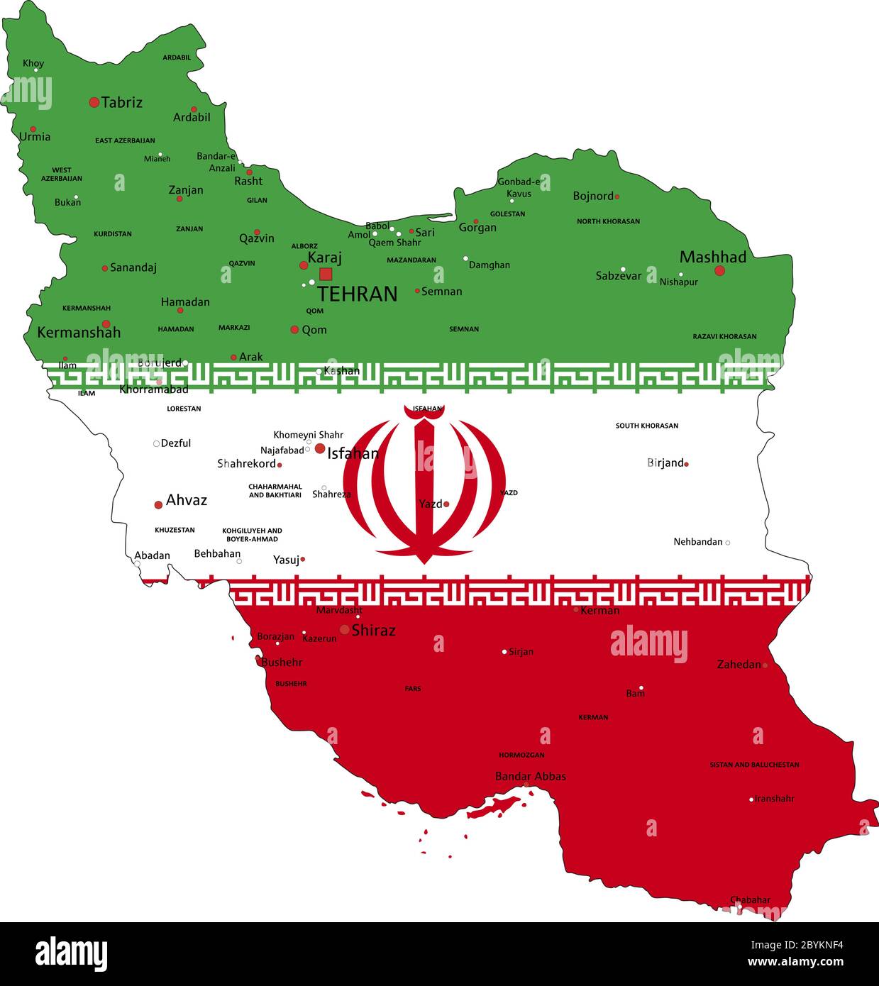 Iran Mappa politica molto dettagliata con bandiera nazionale isolata su sfondo bianco. Illustrazione Vettoriale