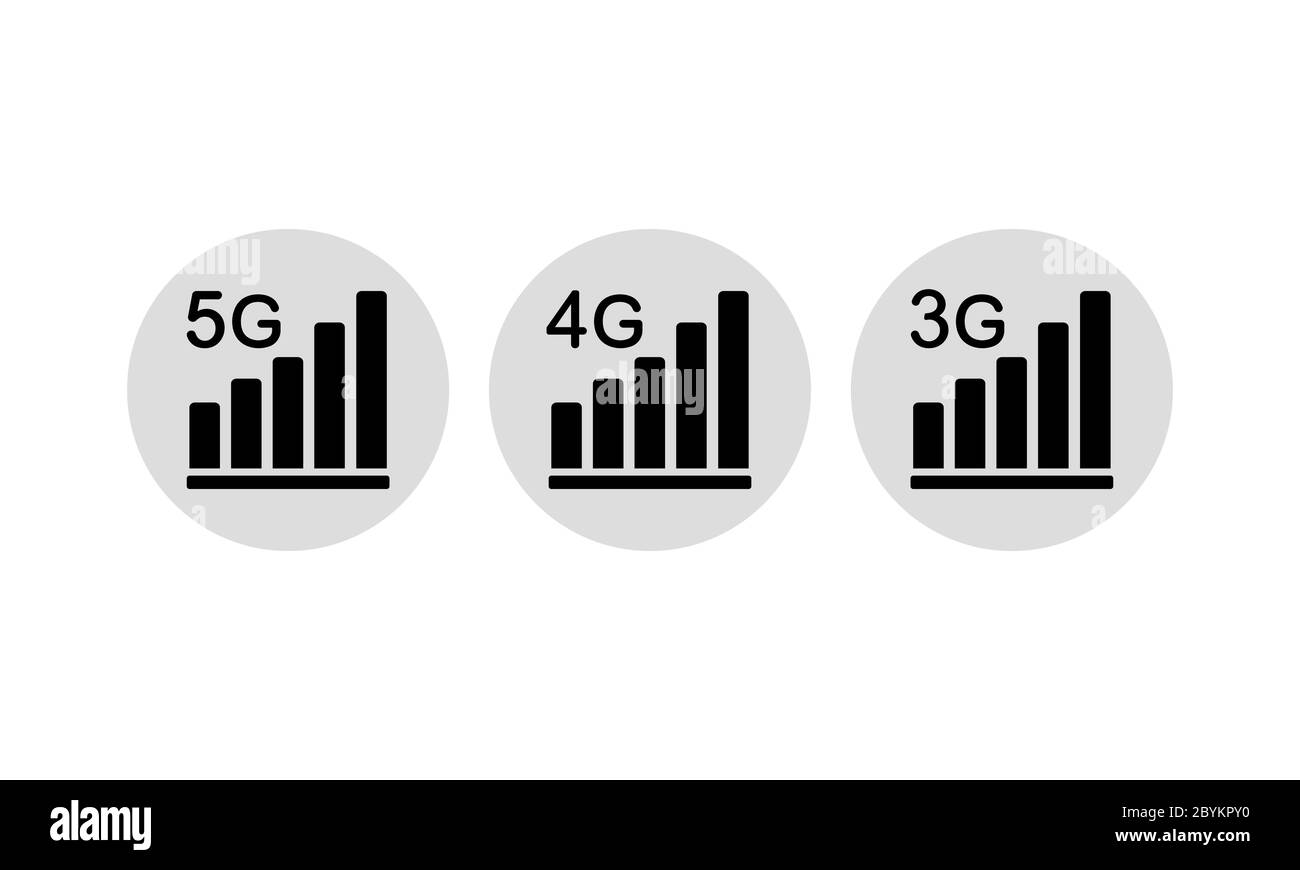Set di icone 5G, 4G, 3G o nuova tecnologia di comunicazione mobile e simbolo di rete dello smartphone su sfondo bianco isolato. Vettore EPS 10. Illustrazione Vettoriale