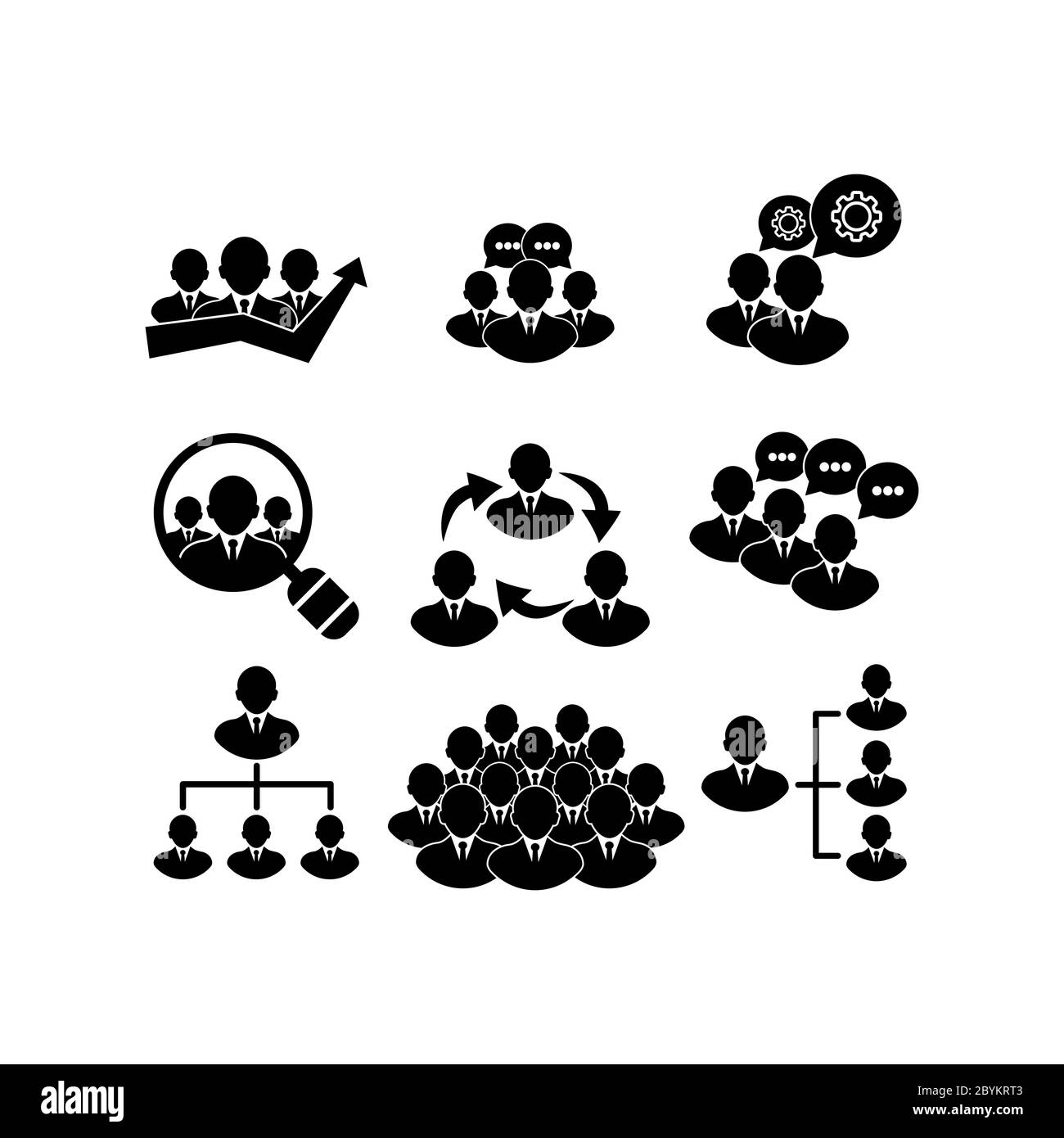 Comunicazione di gruppo sociale, icone di social network impostate n nero su sfondo bianco isolato. Vettore EPS 10 Illustrazione Vettoriale