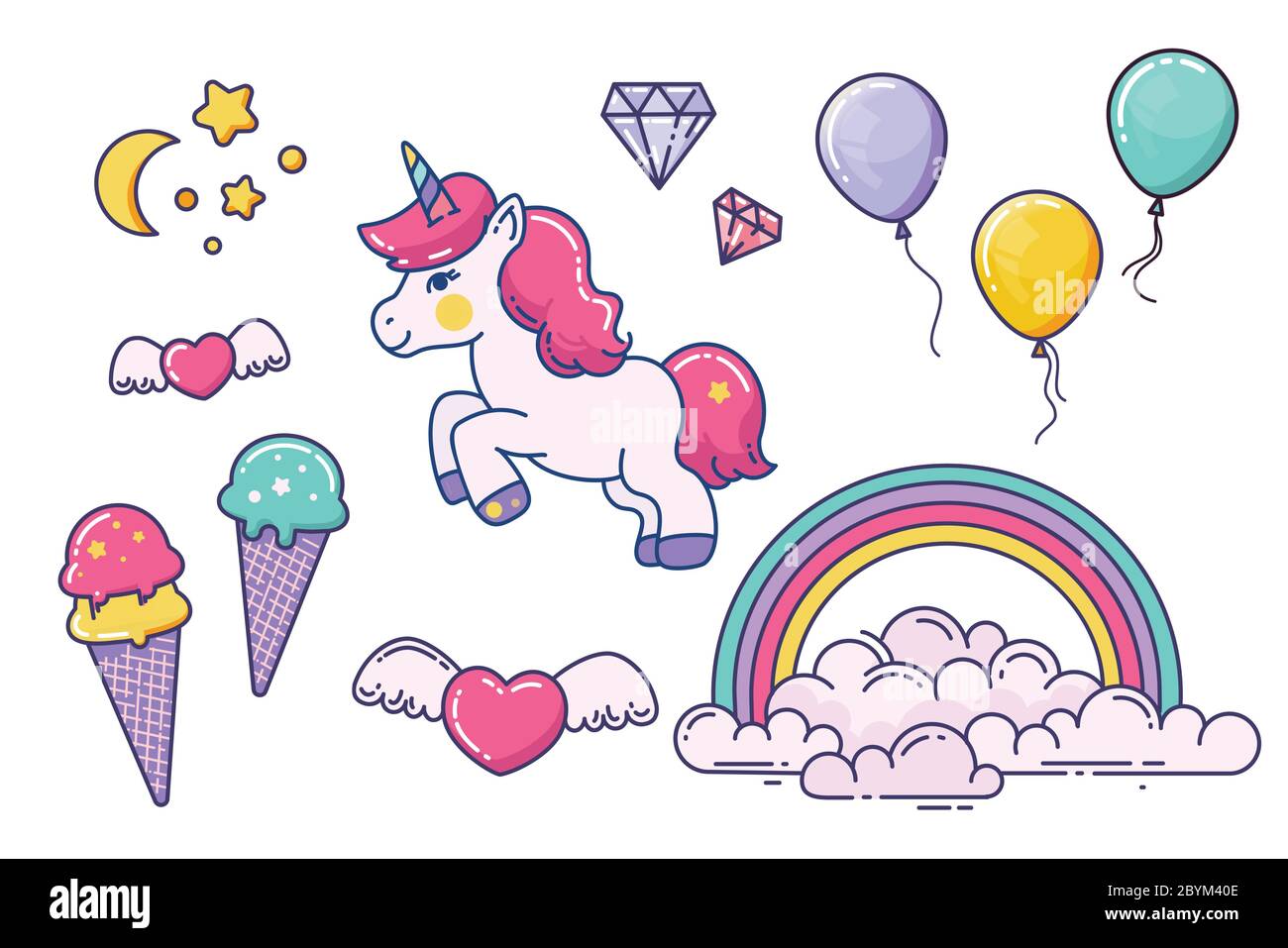 Elementi unicorno e fata isolati su bianco Illustrazione Vettoriale