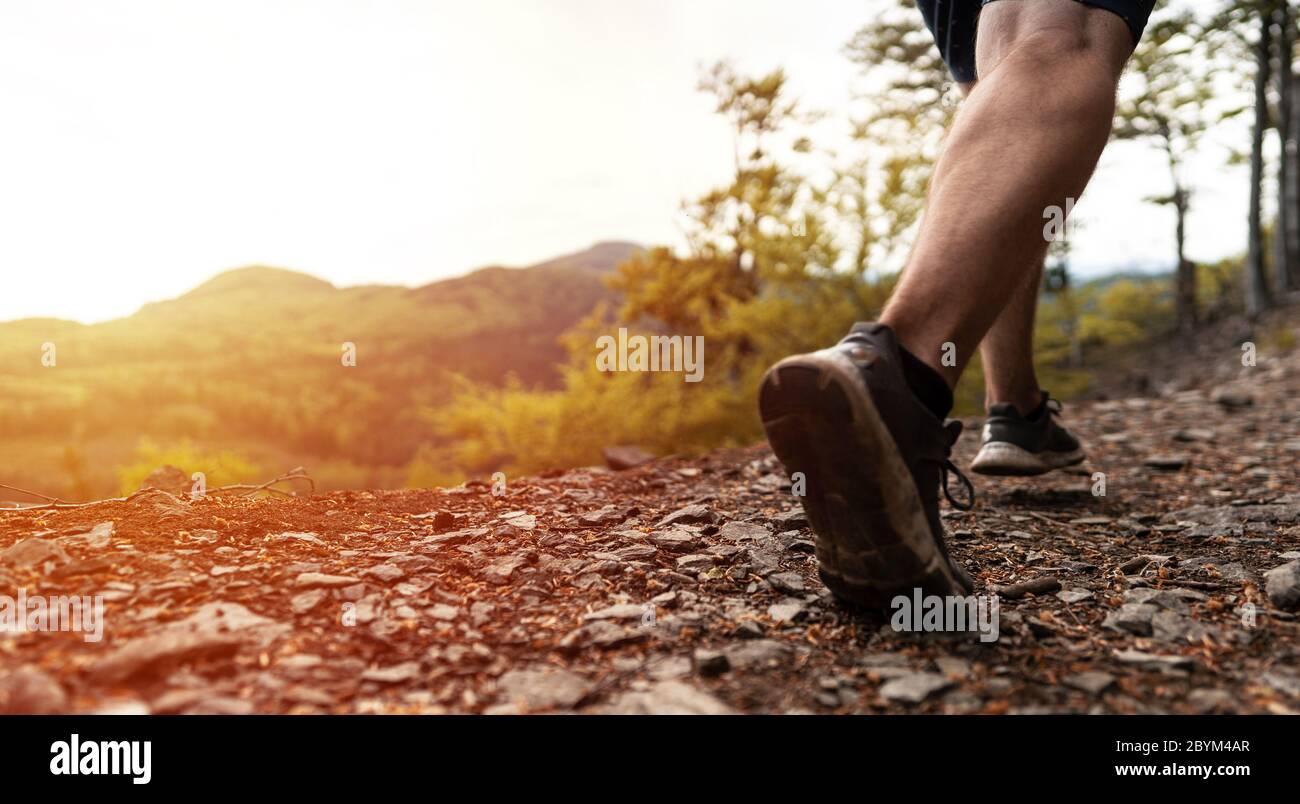 Primo piano gambe di corridore maschio, muscolo costruire uomo che corre veloce. Trail Runner che corre in montagna Foto Stock