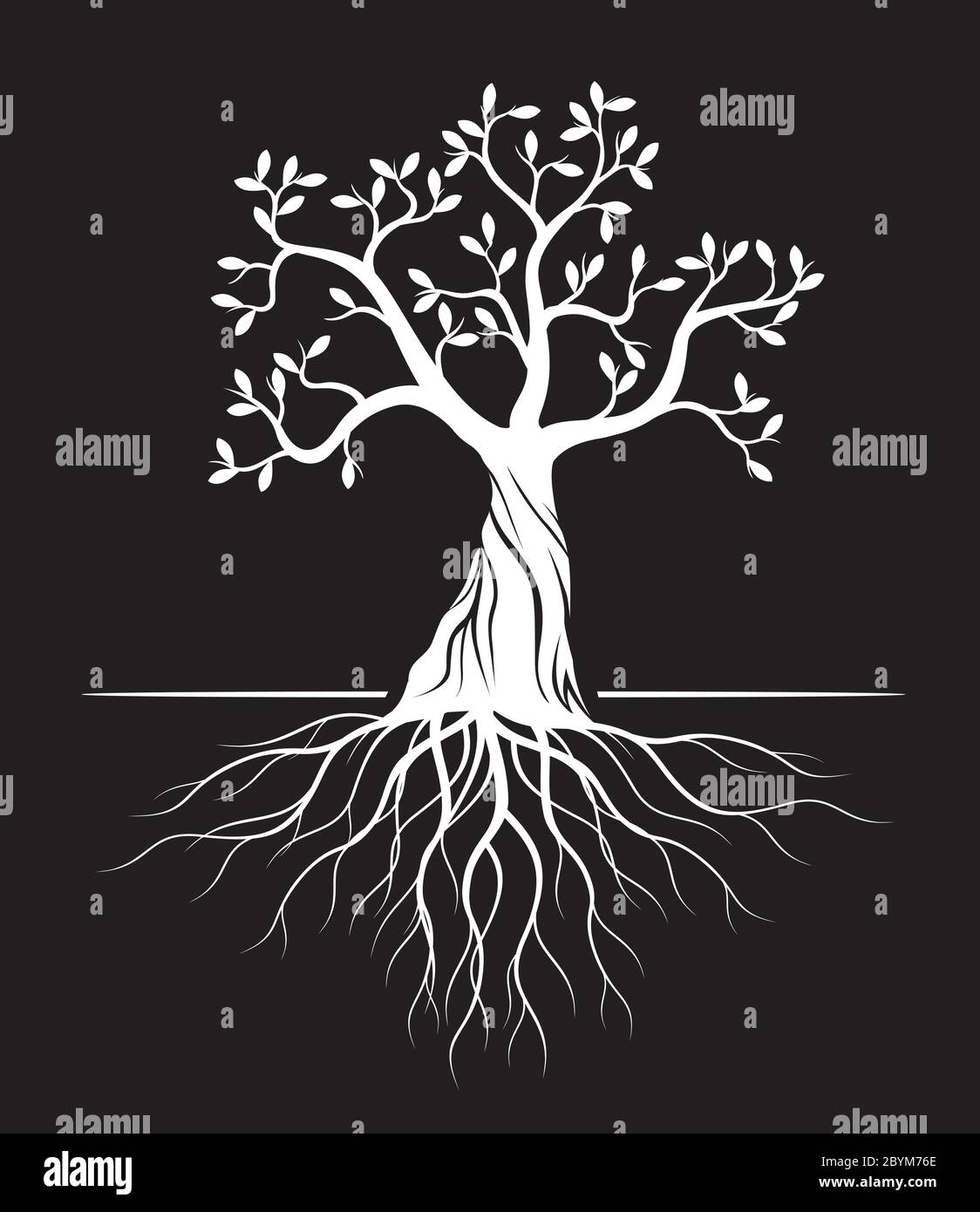 Silhouette White Tree con foglie su sfondo nero. Illustrazione vettoriale. Pianta in Giardino. Oggetto vettore privo di royalty. Illustrazione Vettoriale