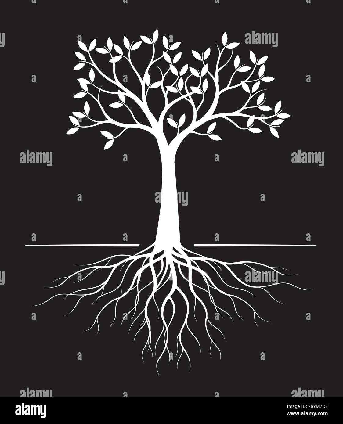 Silhouette White Tree con foglie su sfondo nero. Illustrazione vettoriale. Pianta in Giardino. Oggetto vettore privo di royalty. Illustrazione Vettoriale