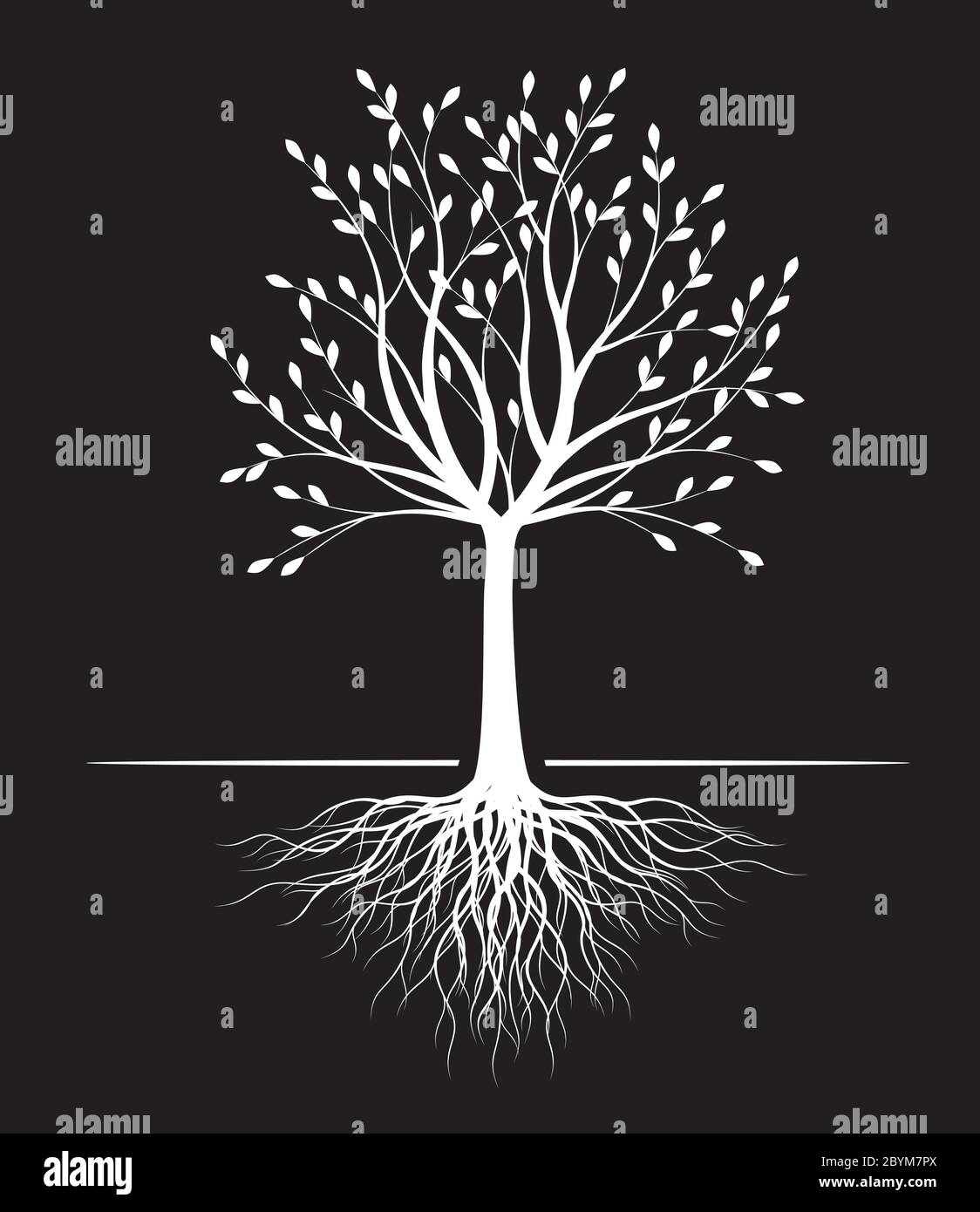 Silhouette White Tree con foglie su sfondo nero. Illustrazione vettoriale. Pianta in Giardino. Oggetto vettore privo di royalty. Illustrazione Vettoriale