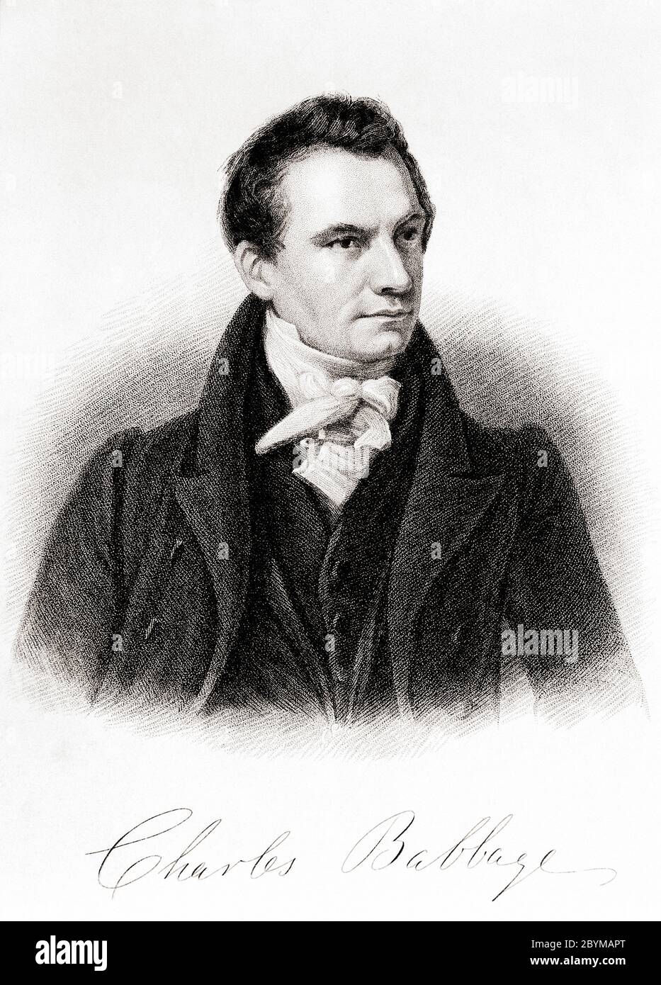 Charles Babbage, 1791 – 1871. Il polymath inglese è conosciuto per il suo concetto di computer programmabile. A volte chiamato Padre del computer. Dopo un'incisione del 1833 di John Roffe. Foto Stock