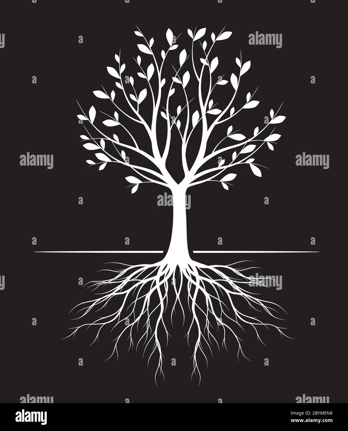 Silhouette White Tree con foglie su sfondo nero. Illustrazione vettoriale. Pianta in Giardino. Oggetto vettore privo di royalty. Illustrazione Vettoriale