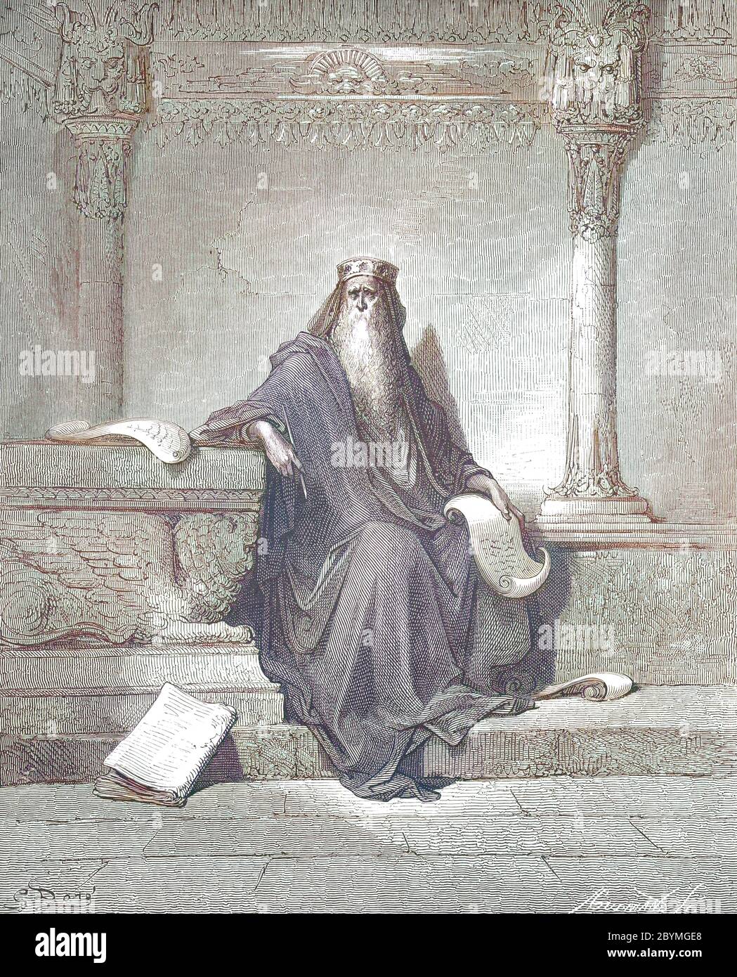 Machine Colored (ai) King Solomon in Old Age 2 Cronache 1:10 dal libro 'Bible Gallery' illustrato da Gustave Dore con memorie di Dore e descrittivo Letter-press di Talbot W. Chambers D.D. Pubblicato da Cassell & Company Limited a Londra e contemporaneamente da Mame a Tours, Francia nel 1866 Foto Stock