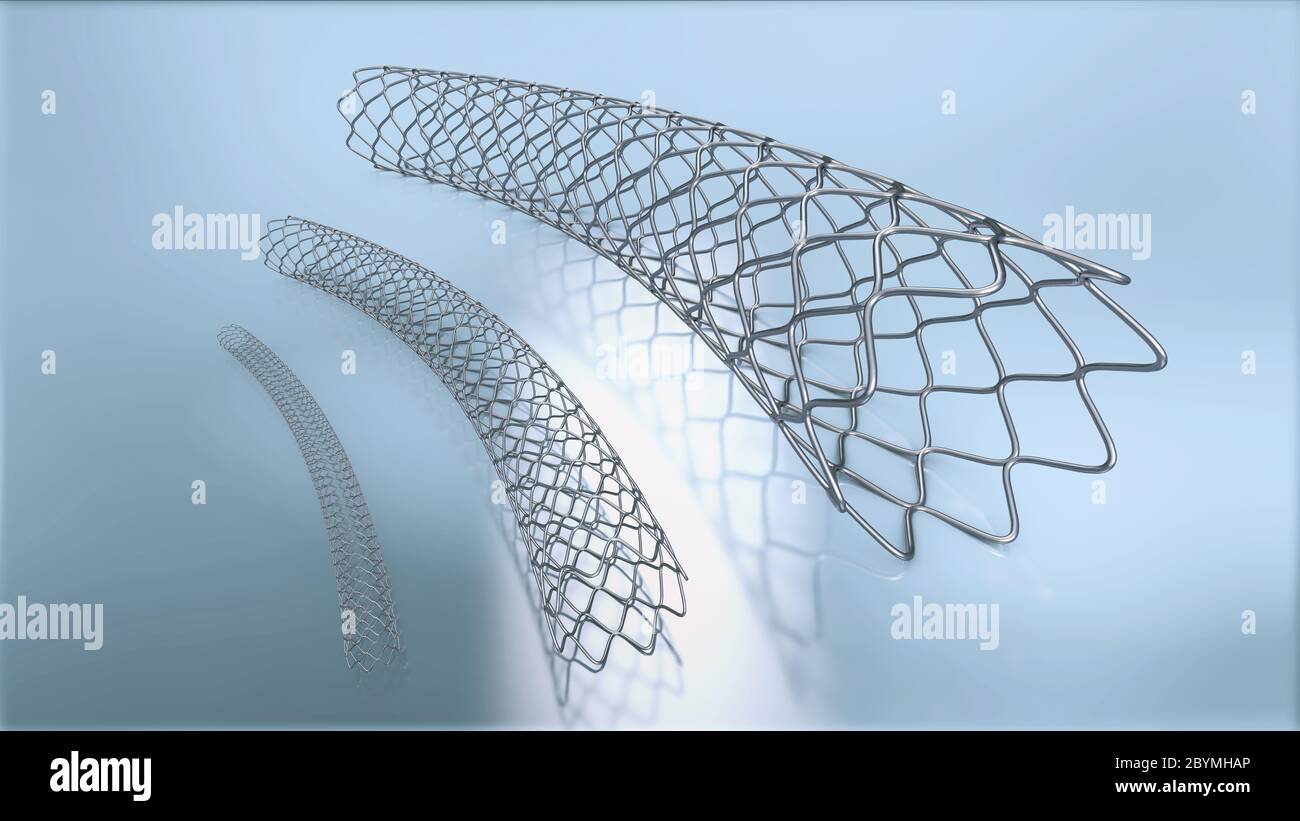 3d illustrazione di tre stent metallici per impiantazione e di sostenere la circolazione del sangue nei vasi sanguigni Foto Stock