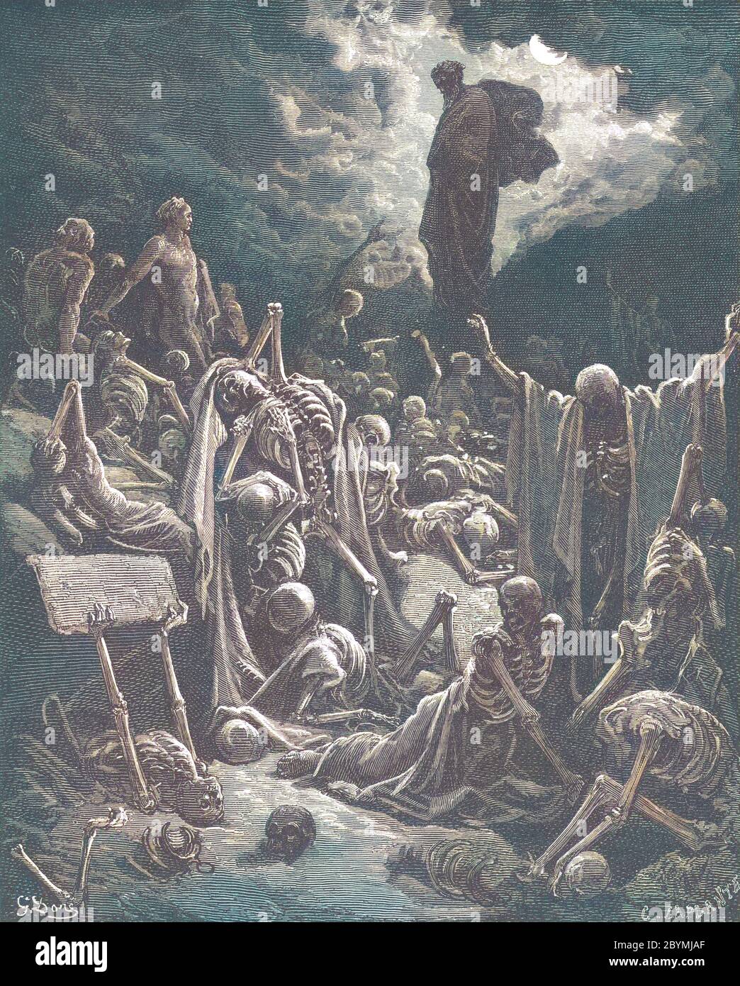 Machine Colored (ai) la visione della Valle delle ossa secche Ezechiele 37:4-5 dal libro 'Bible Gallery' illustrato da Gustave Dore con memorie di Dore e descrittivo Letter-press di Talbot W. Chambers D.D. Pubblicato da Cassell & Company Limited a Londra e contemporaneamente da Mame a Tours, Francia nel 1866 Foto Stock