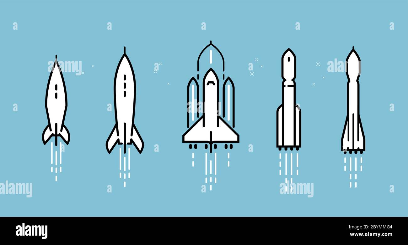 Set di icone di razzo spaziale. Illustrazione del vettore di lancio della navicella spaziale Illustrazione Vettoriale