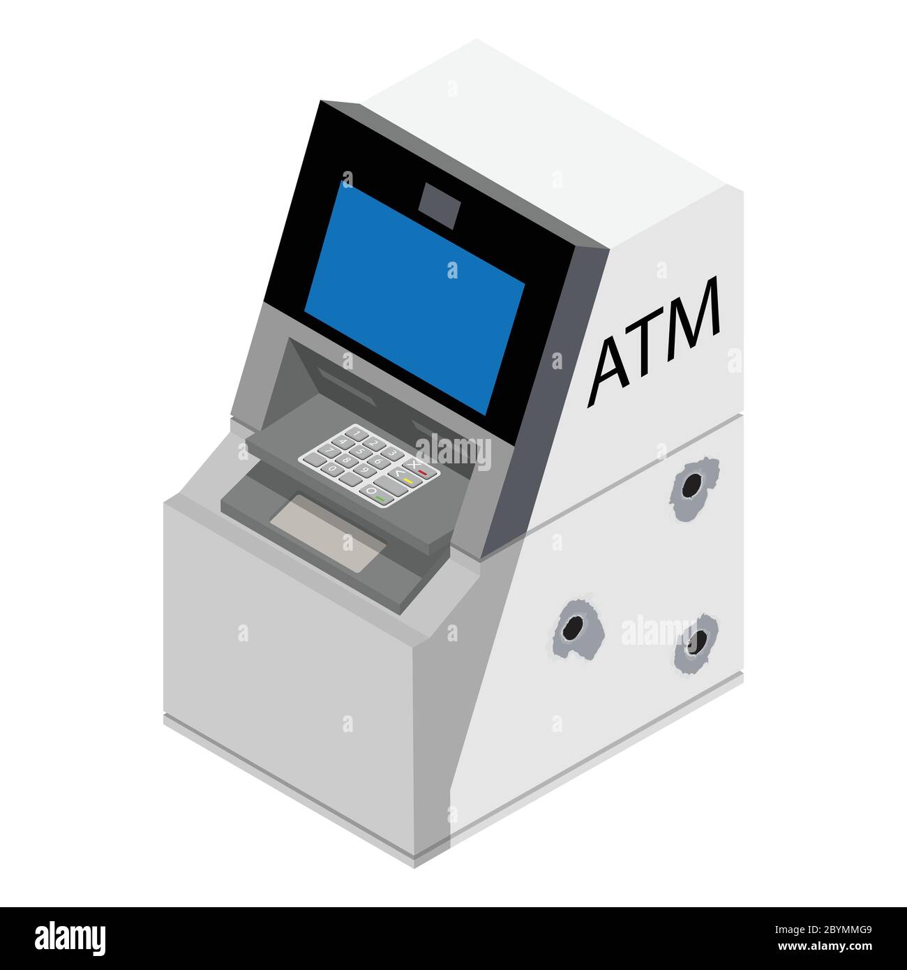 Concetto di furto - ladro rubare denaro dalla scena del crimine ATM. ATM danneggiato con buchi bullet. Vettore Illustrazione Vettoriale