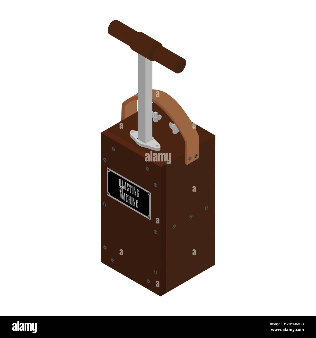 Scatola detonatore. Macchina di brillamento isolata su sfondo bianco. Attenzione esplosiva. Scatola del pistone del detonatore Illustrazione Vettoriale