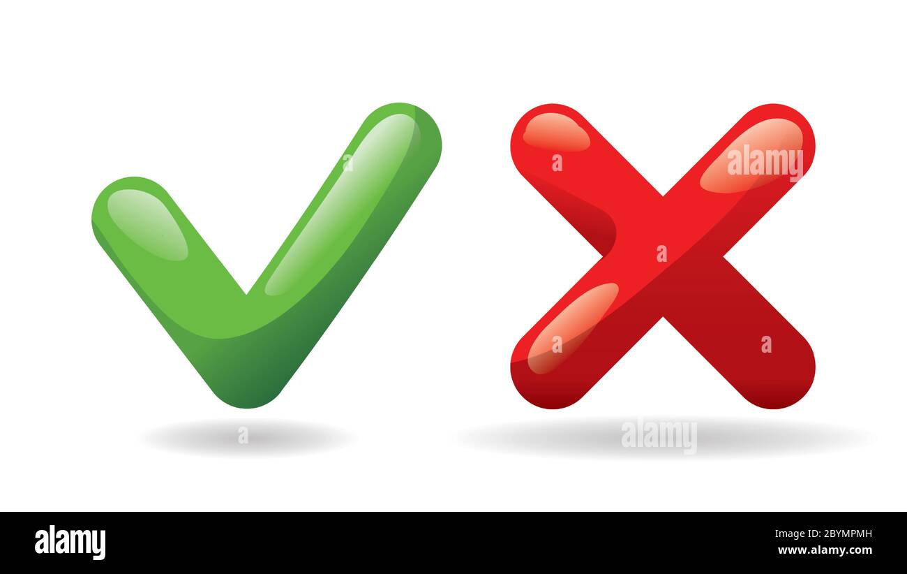 Icona dei pulsanti di verifica segno di spunta. Simbolo di spunta e di votazione incrociata. Verde - sì, rosso - no Design di modelli per applicazioni Web o mobili, Vector. Illustrazione Vettoriale