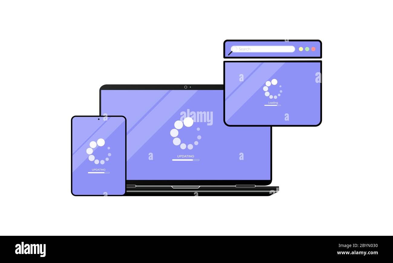 Caricamento del browser della pagina sullo schermo del portatile con vista superiore. Laptop, desktop, computer, tablet con l'icona della pagina Web piatta su sfondo isolato per le applicazioni Illustrazione Vettoriale