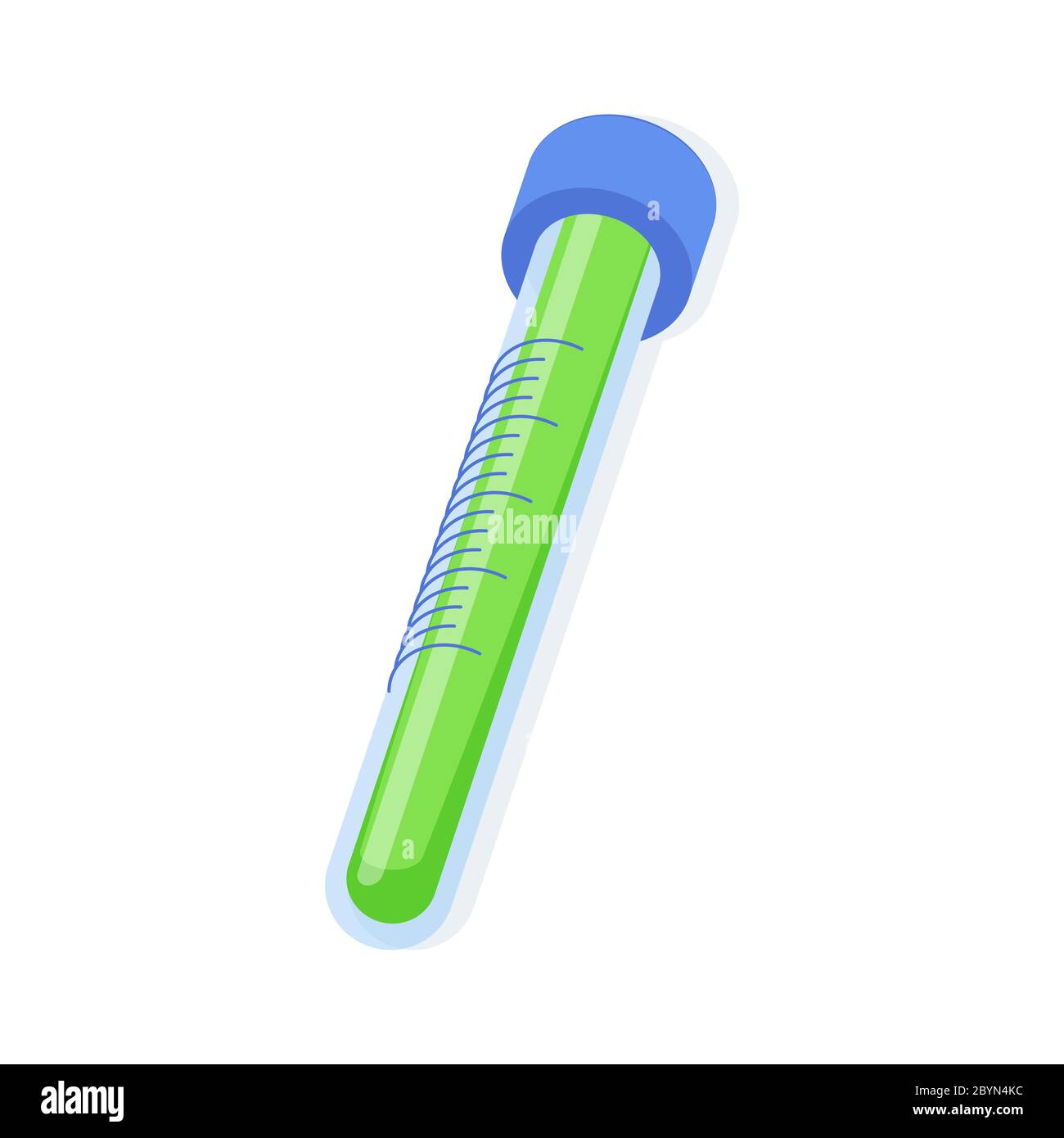 Provetta in vetro con liquido verde e tappo blu con illustrazione vettoriale isometrica. Illustrazione Vettoriale