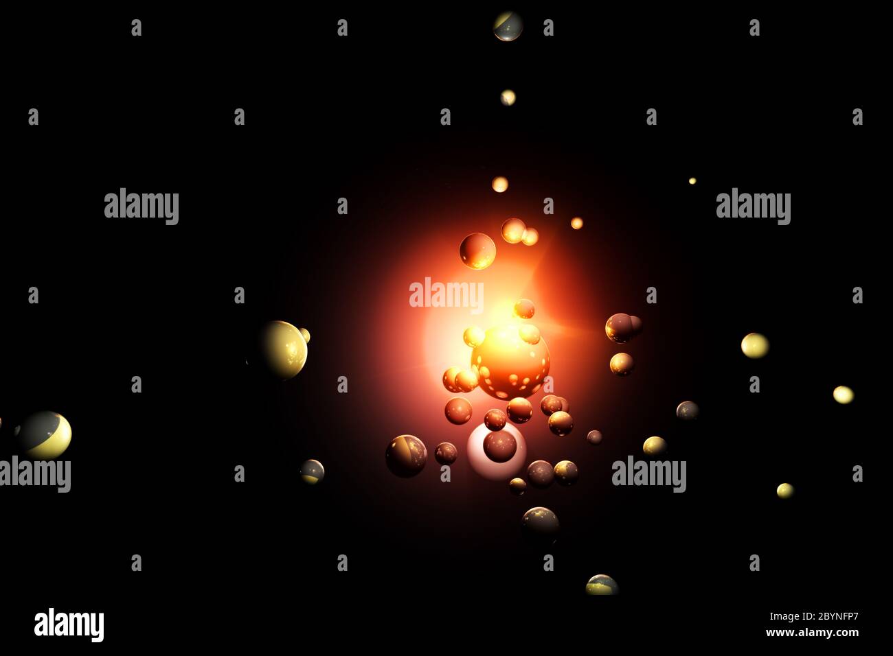 Sfere cromate riflettenti in una luce visibile brillante su sfondo nero Foto Stock