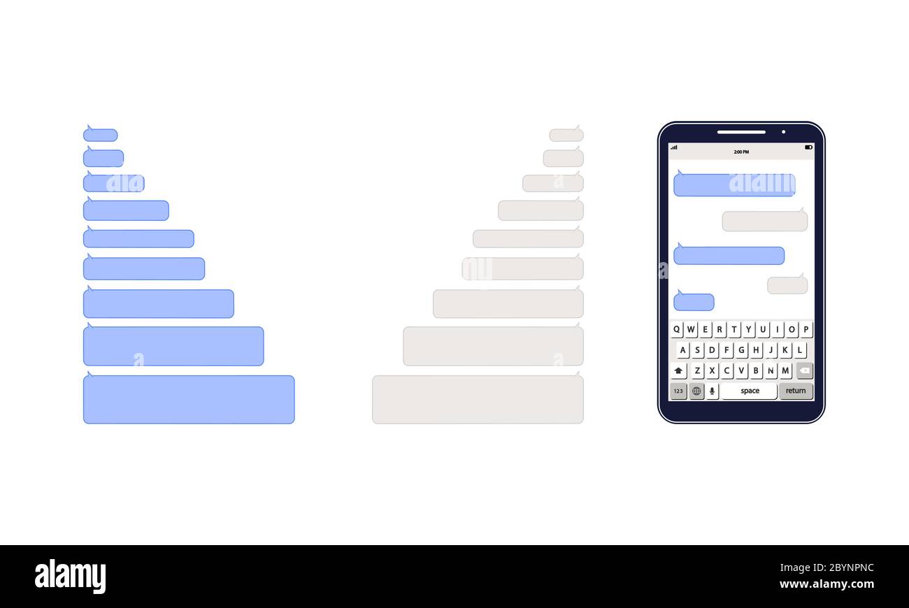 Le icone vettoriali delle chat dei messaggi per Messenger. Smartphone con digitazione per i fumetti dei messaggi. Modello di pagina di Messenger per social network. Icona piatta su un Illustrazione Vettoriale