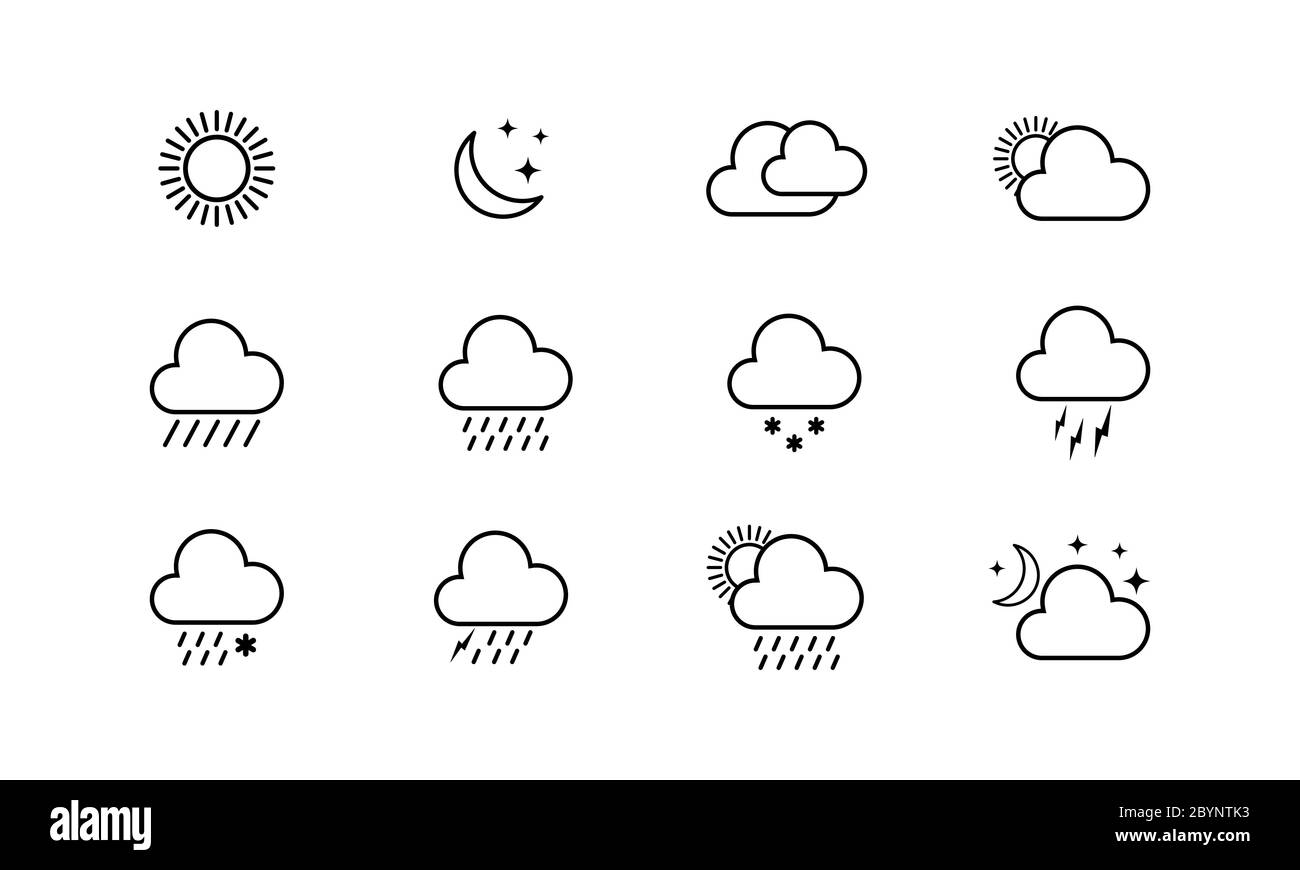 Set di icone meteo. Pioggia, sole, nevoso, nuvoloso su isolato sfondo bianco. Vettore EPS 10 Illustrazione Vettoriale