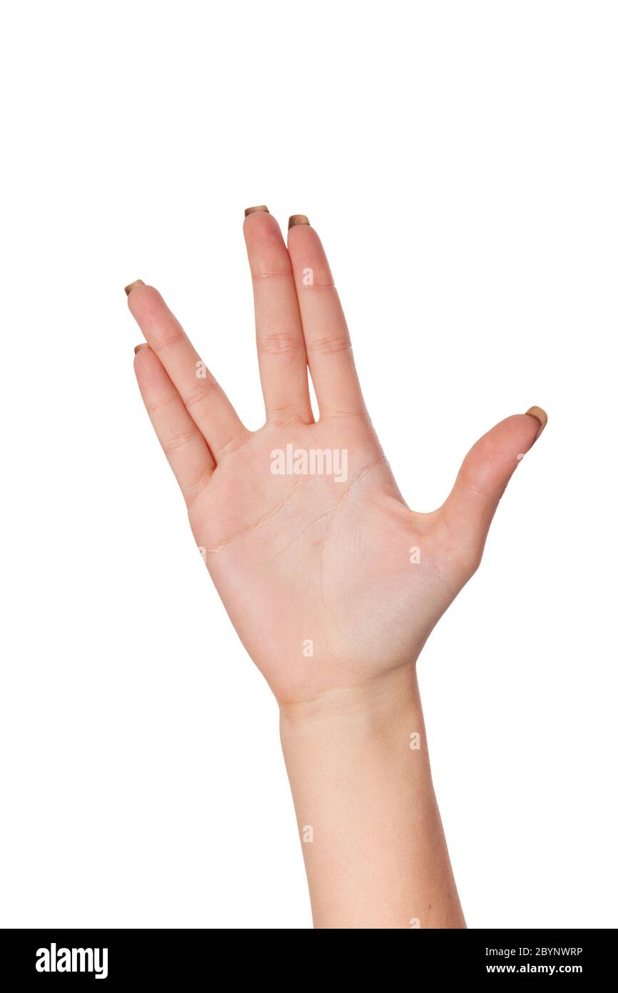 Femmina mano palm vulcan gesto isolato su bianco Foto Stock