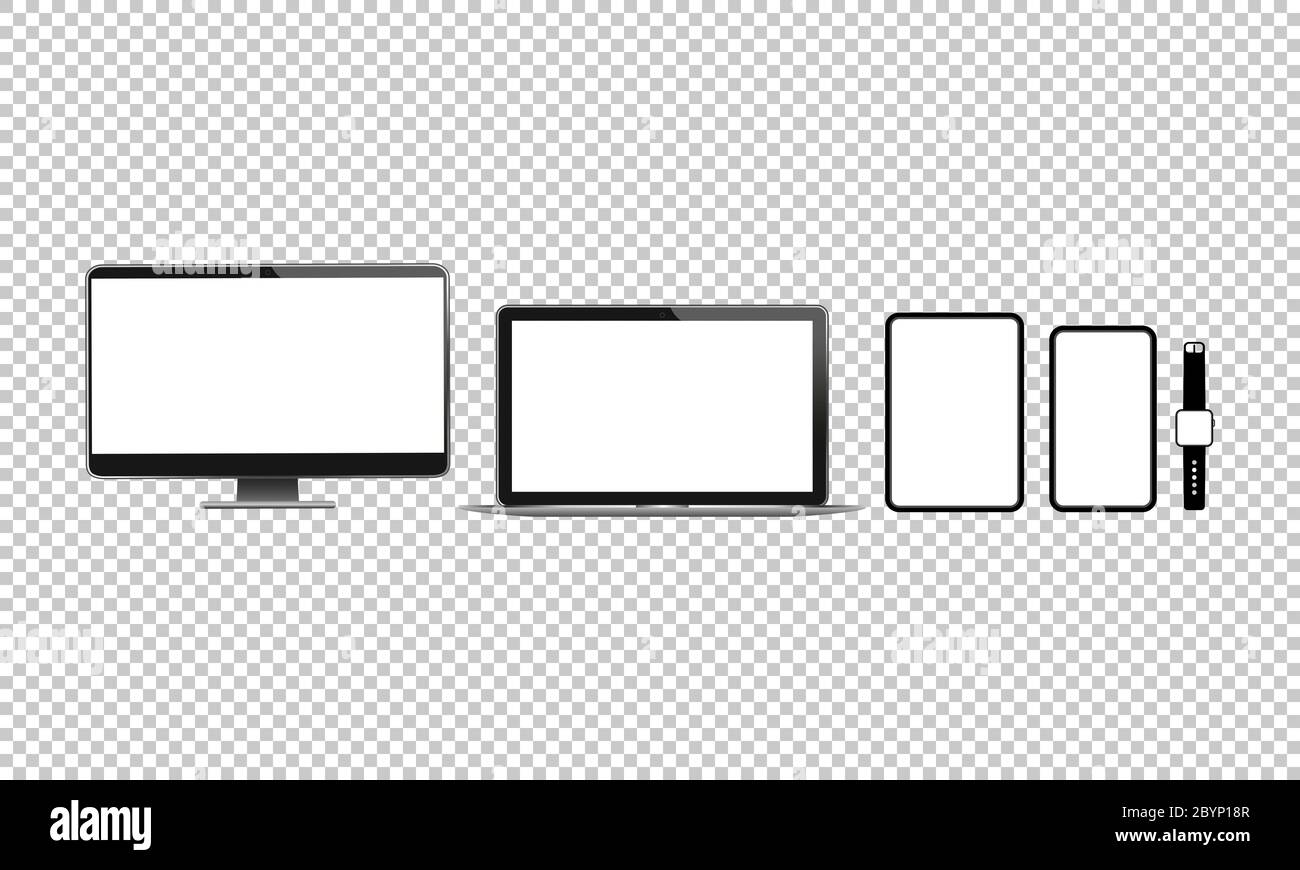 Set di icone nuove periferiche. Smartphone, laptop, monitor per computer, tablet e orologio intelligente su sfondo bianco isolato. Vettore EPS 10. Illustrazione Vettoriale