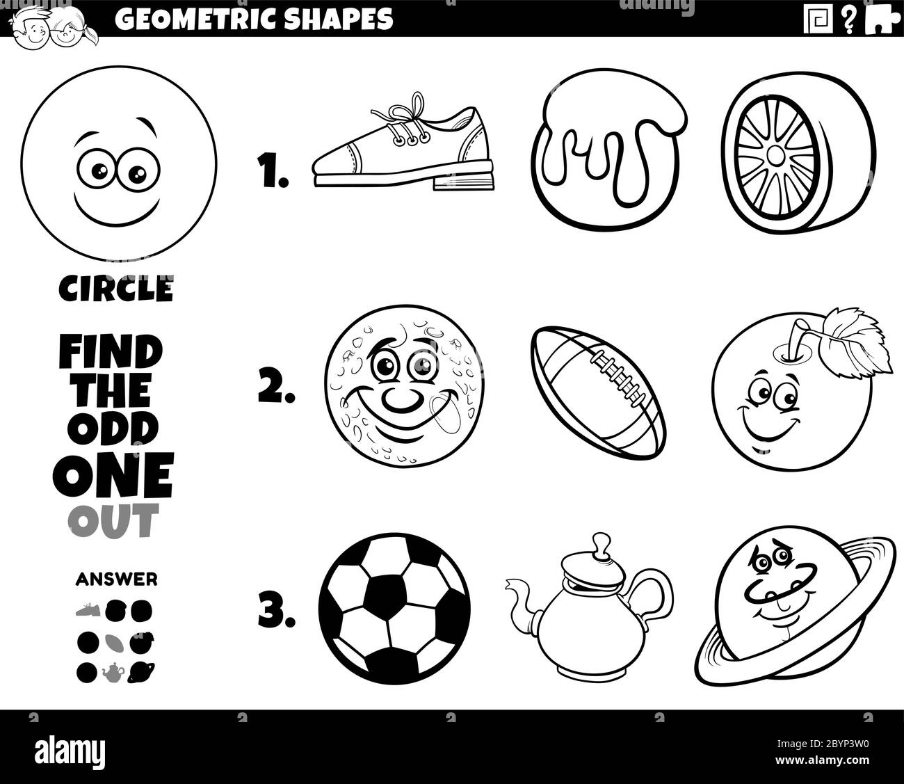 Bianco e Nero Cartoon illustrazione del cerchio forma geometrica gioco educativo per bambini Libro da colorare pagina Illustrazione Vettoriale