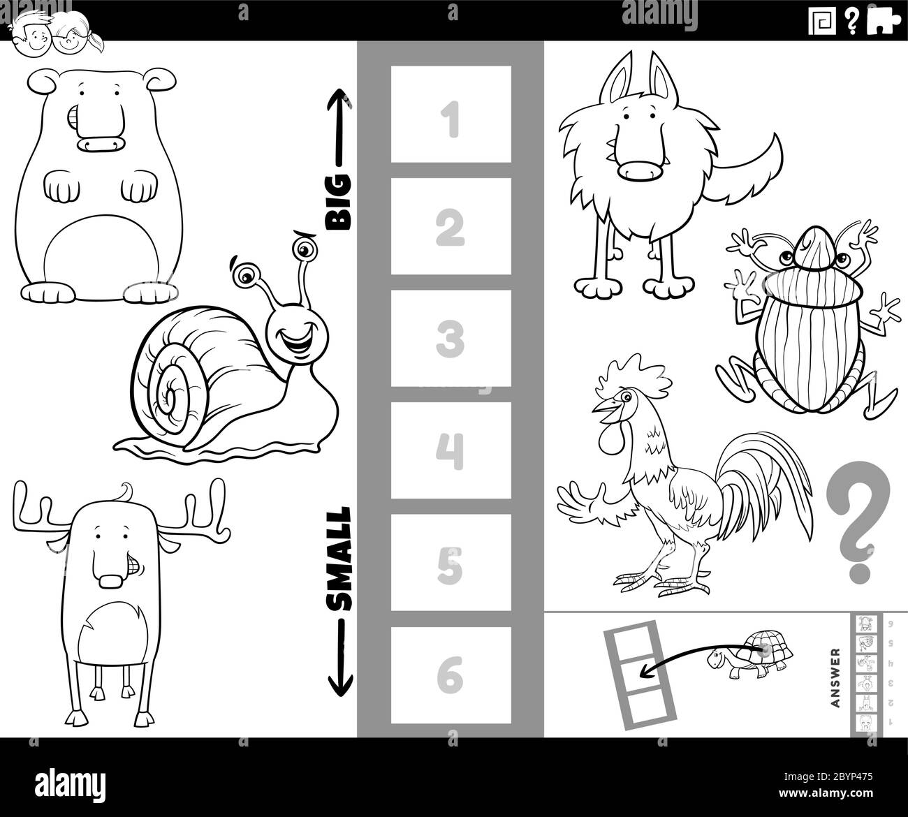 Cartoon bianco e nero Illustrazione di gioco educativo di trovare la specie animale più bigest e più piccola con i caratteri comici per i bambini Colo Illustrazione Vettoriale