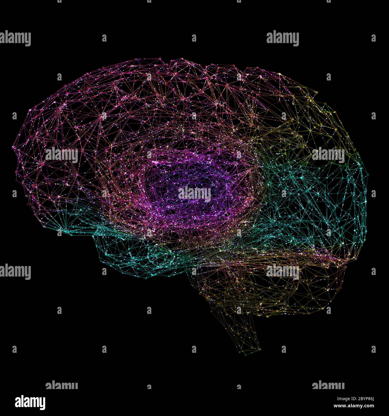 Il cervello umano colorato rappresentato da punti luce collegati da linee - illustrazione 3d Foto Stock