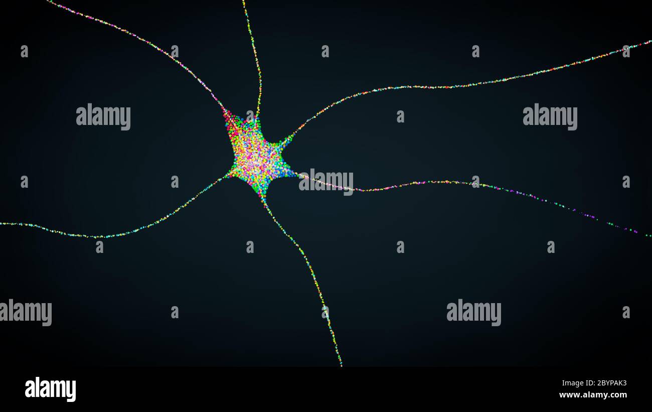 Multicolore e che trasmette una singola cellula nervosa o neurone - illustrazione 3d Foto Stock