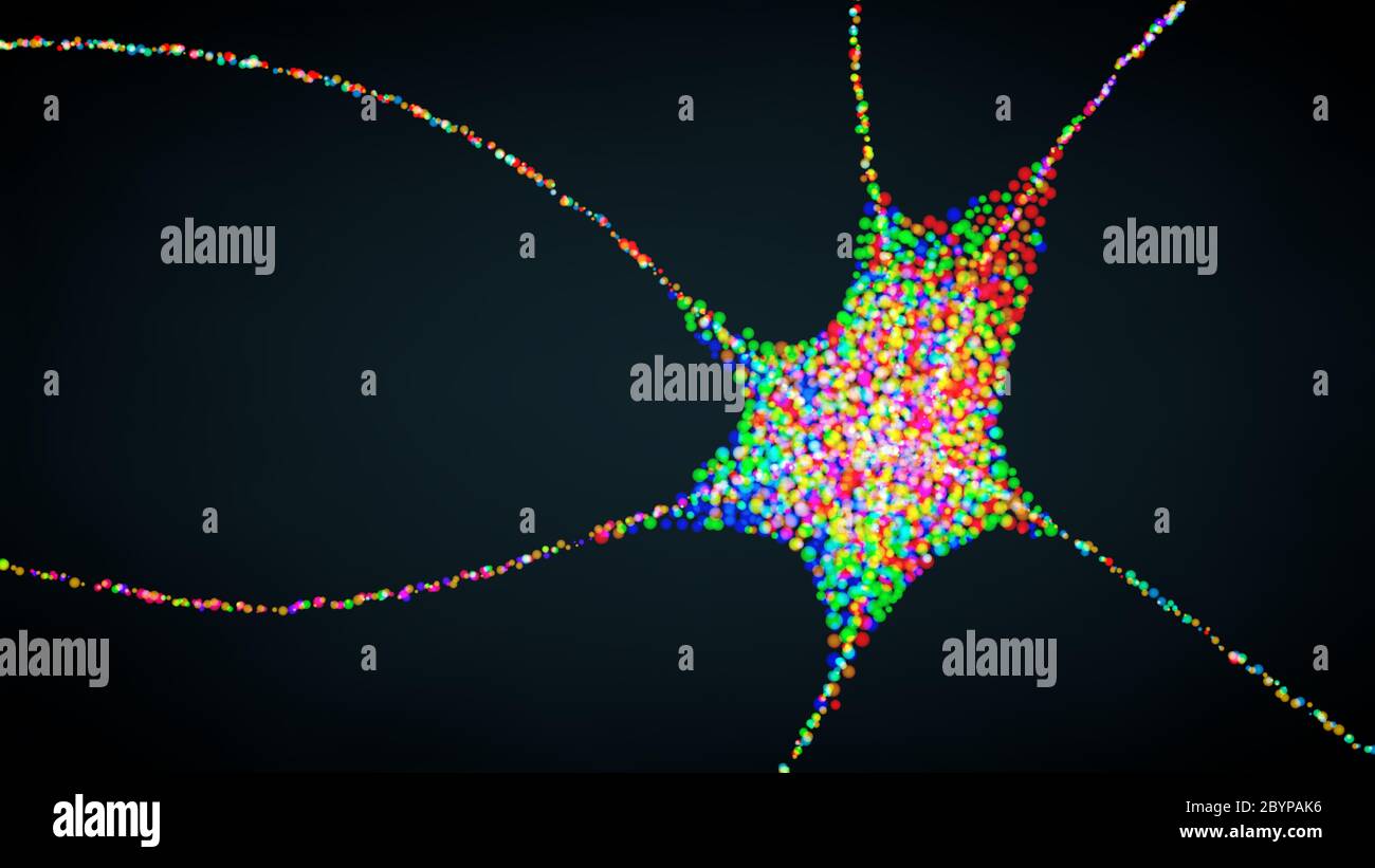 Multicolore e che trasmette una singola cellula nervosa o neurone - illustrazione 3d Foto Stock