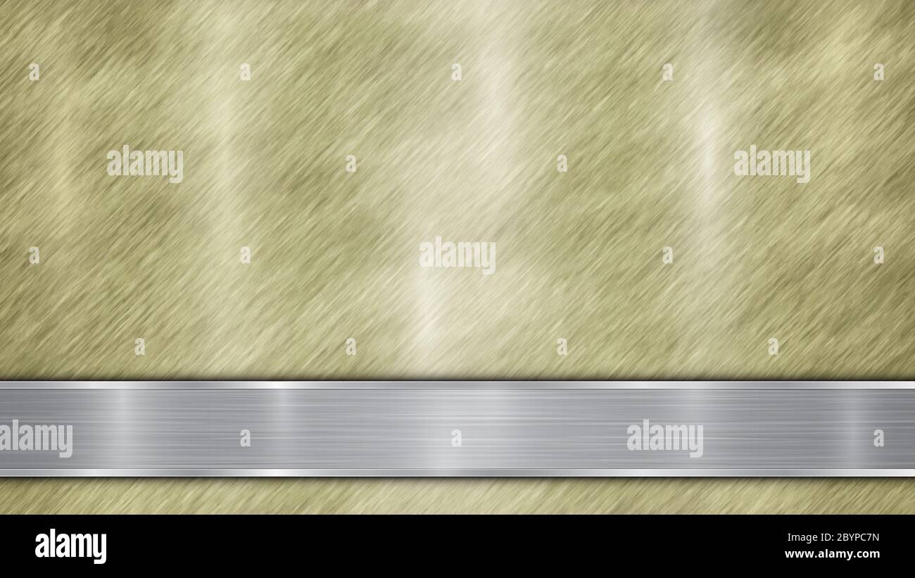 Fondo costituito da una superficie metallica dorata e lucida e da una piastra orizzontale in argento lucido posta sotto, con una struttura metallica, smalti e bruciature Foto Stock