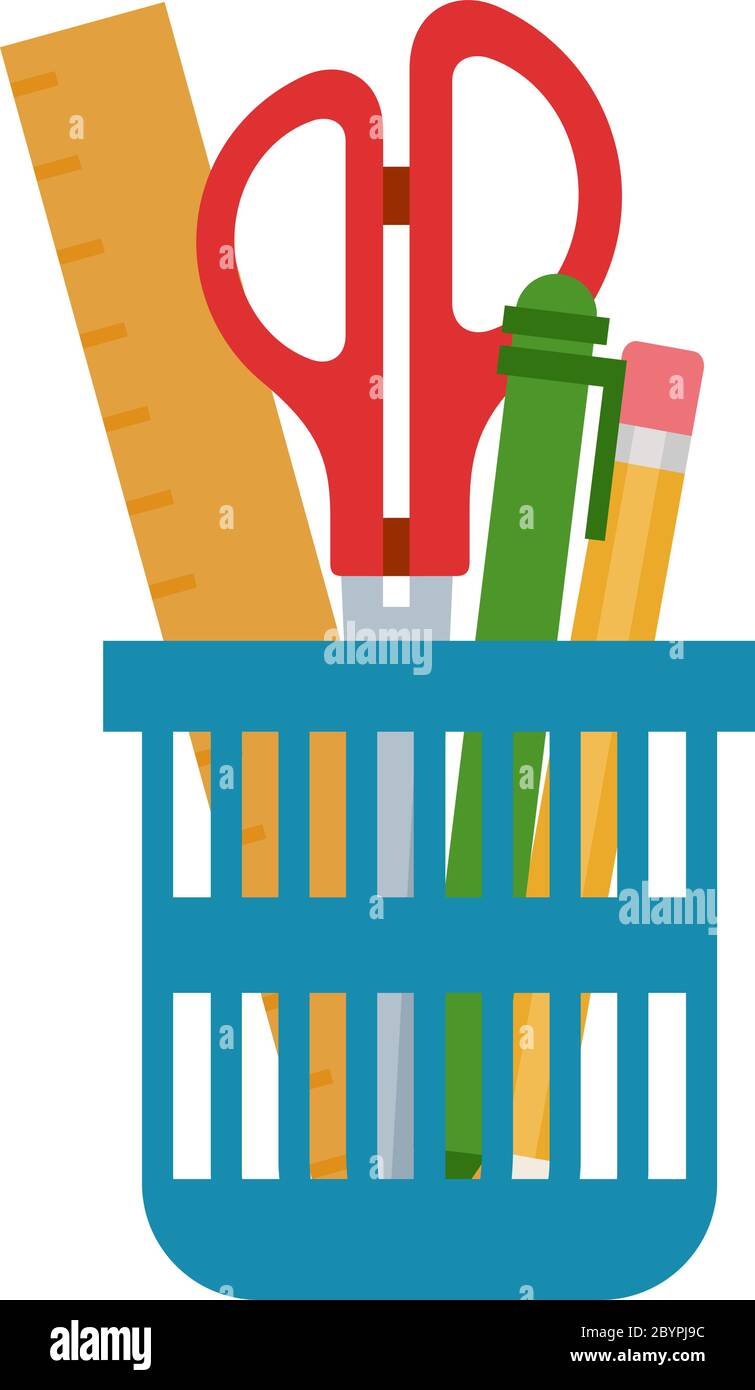 Utensili di cancelleria in una tazza vettore piatto isolato Illustrazione Vettoriale