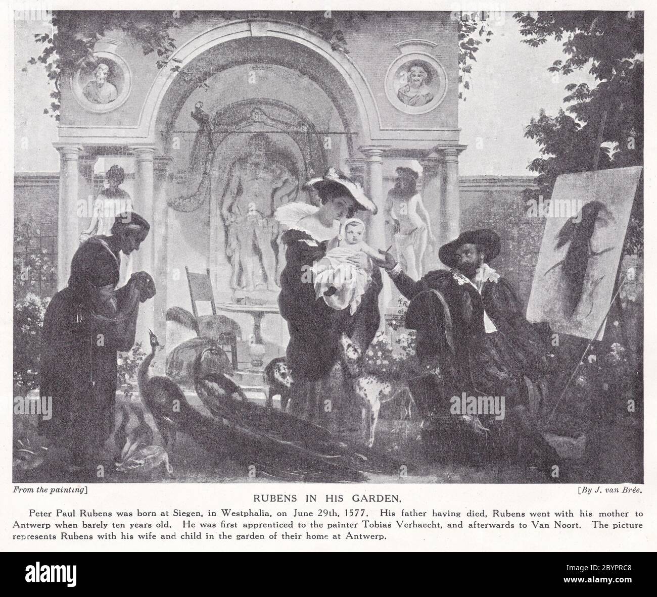 Rubens nel suo giardino con la moglie e il bambino - dipinto di J. van Bree. Foto Stock