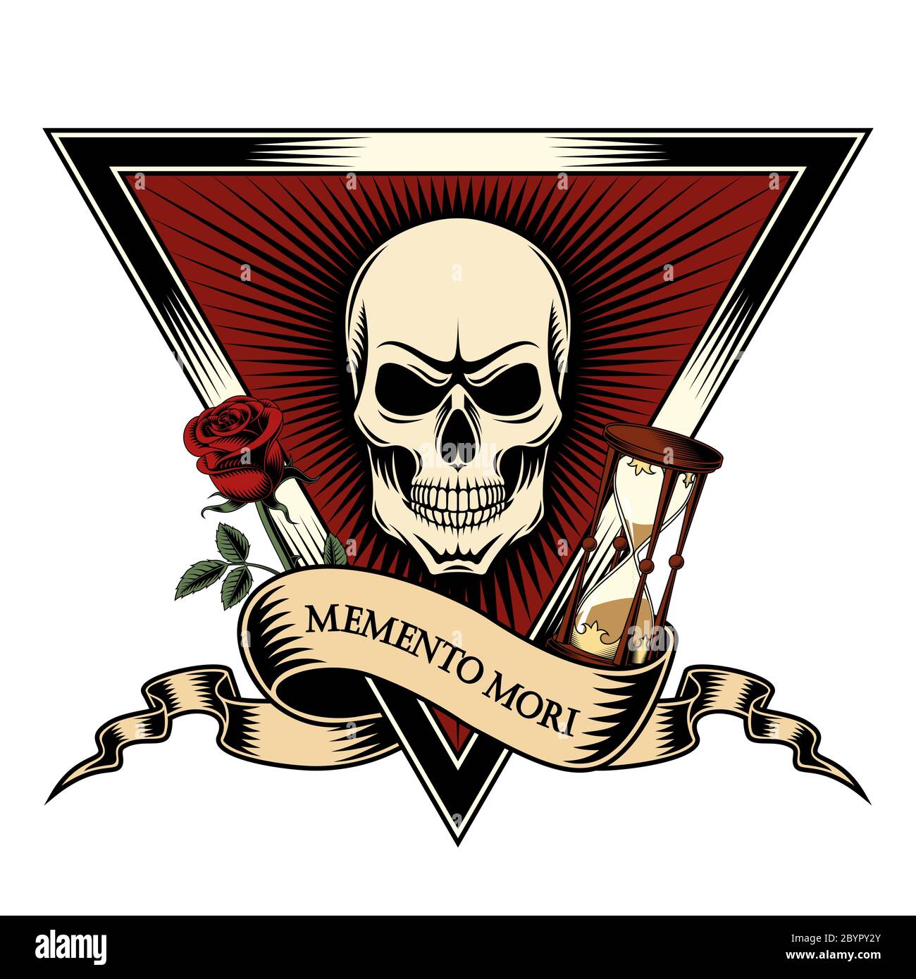 Memento mori 'essere memori della morte'. Cranio con stampa triangolare, rosa e clessidra. Illustrazione Vettoriale