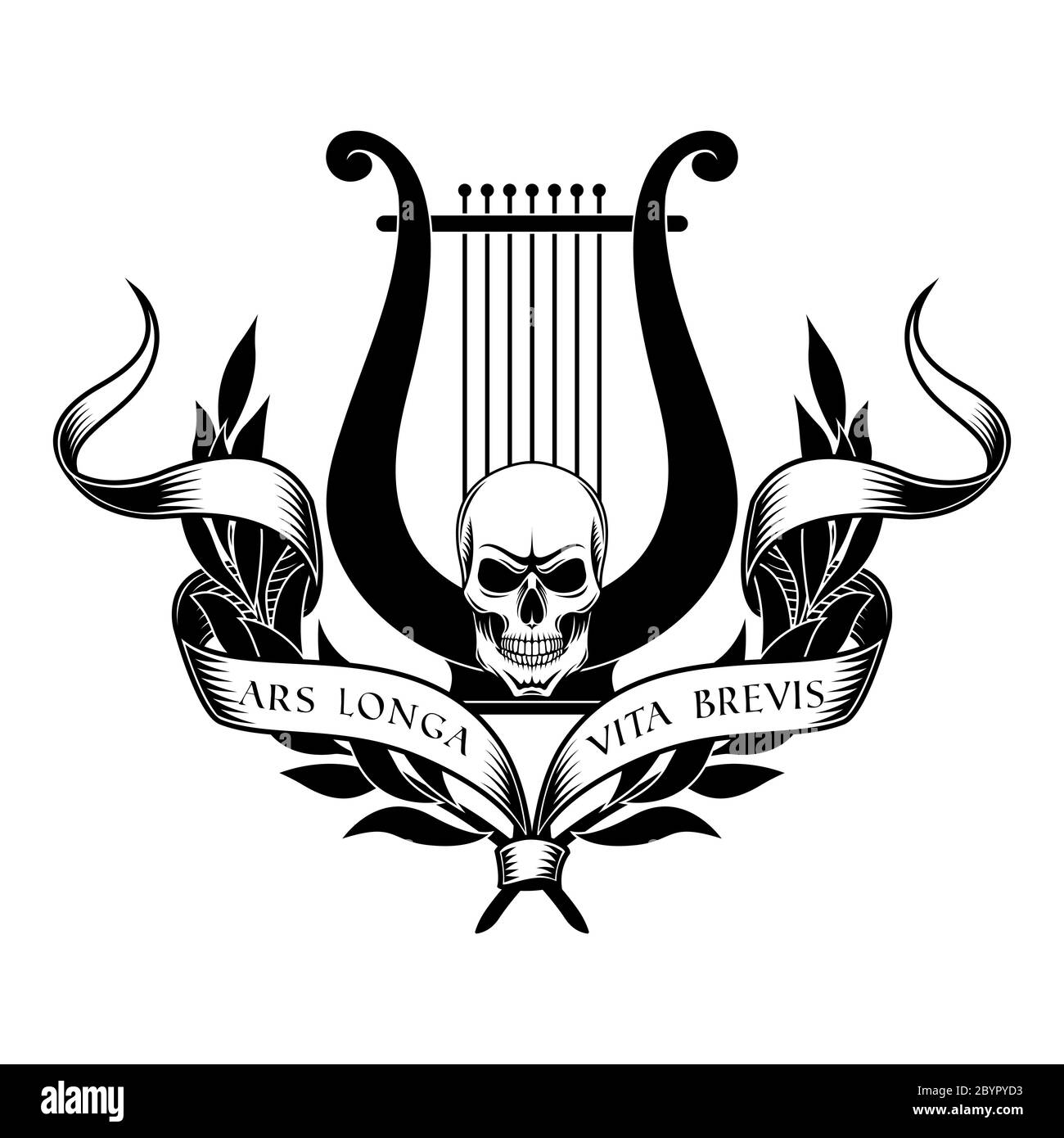 Lyre con cranio, corona d'alloro e nastro. L'arte è lunga, la vita è breve. Illustrazione Vettoriale