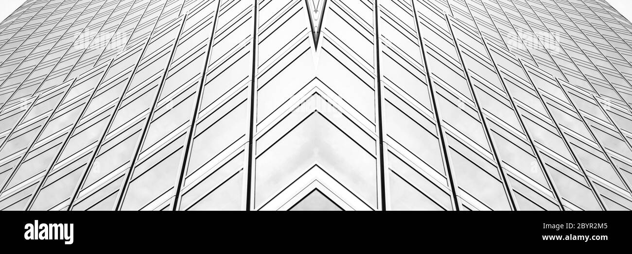 vista panoramica e prospettica dal lato inferiore dei grattacieli dell'edificio in vetro grigio acciaio, concetto di business di architettura industriale di successo Foto Stock