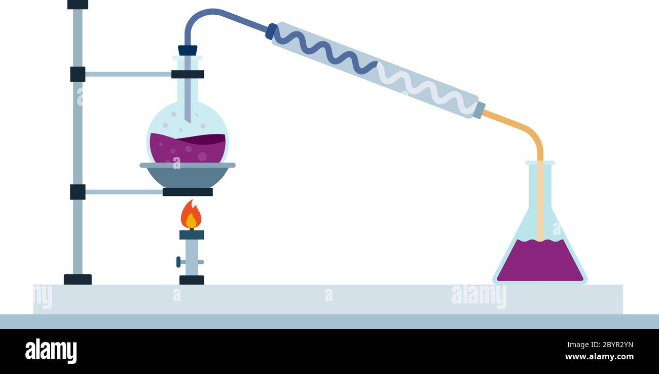 Apparecchio di distillazione da laboratorio, isolato con icona vettoriale piatta Illustrazione Vettoriale