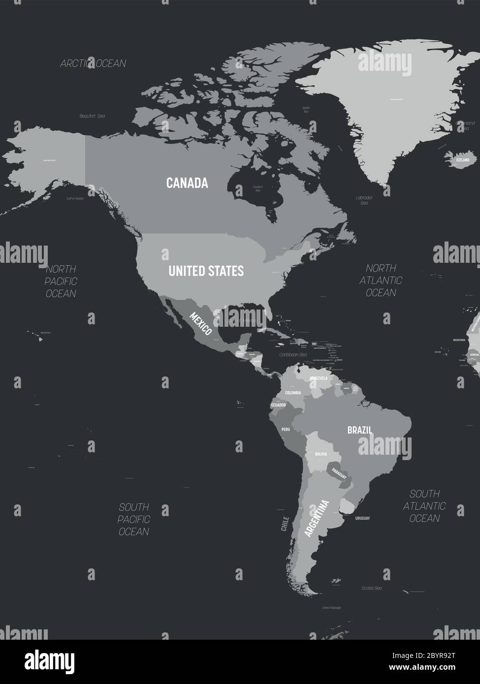 Mappa delle Americhe - colore grigio su sfondo scuro. Mappa politica dettagliata del continente nordamericano e sudamericano con l'etichettatura dei nomi di paesi, capitali, oceani e mari Immagine e Vettoriale - Alamy