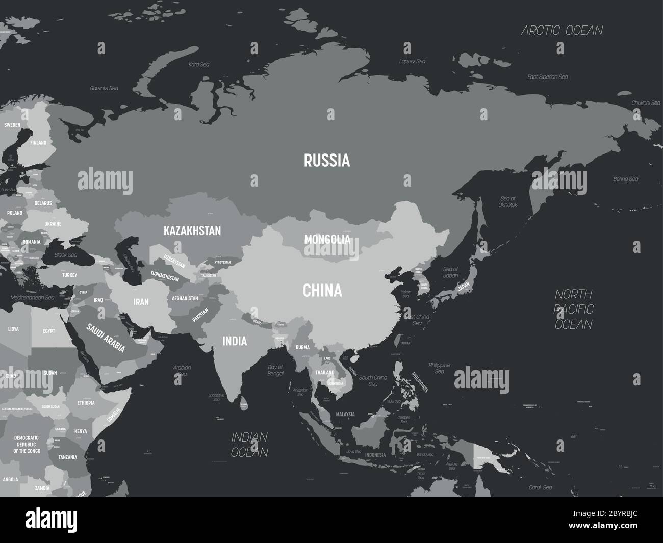 Asia - grigio su sfondo scuro. Mappa politica dettagliata del continente asiatico con l'etichettatura dei nomi di paese, capitale, oceano e mare Immagine e Vettoriale - Alamy