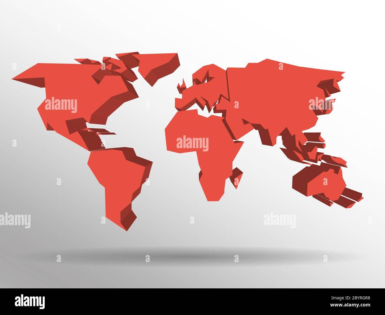 Mappa 3D rossa del mondo con ombra sullo sfondo. Sfondo a tema mondiale. Illustrazione vettoriale EPS10 tridimensionale rappresentata. Illustrazione Vettoriale
