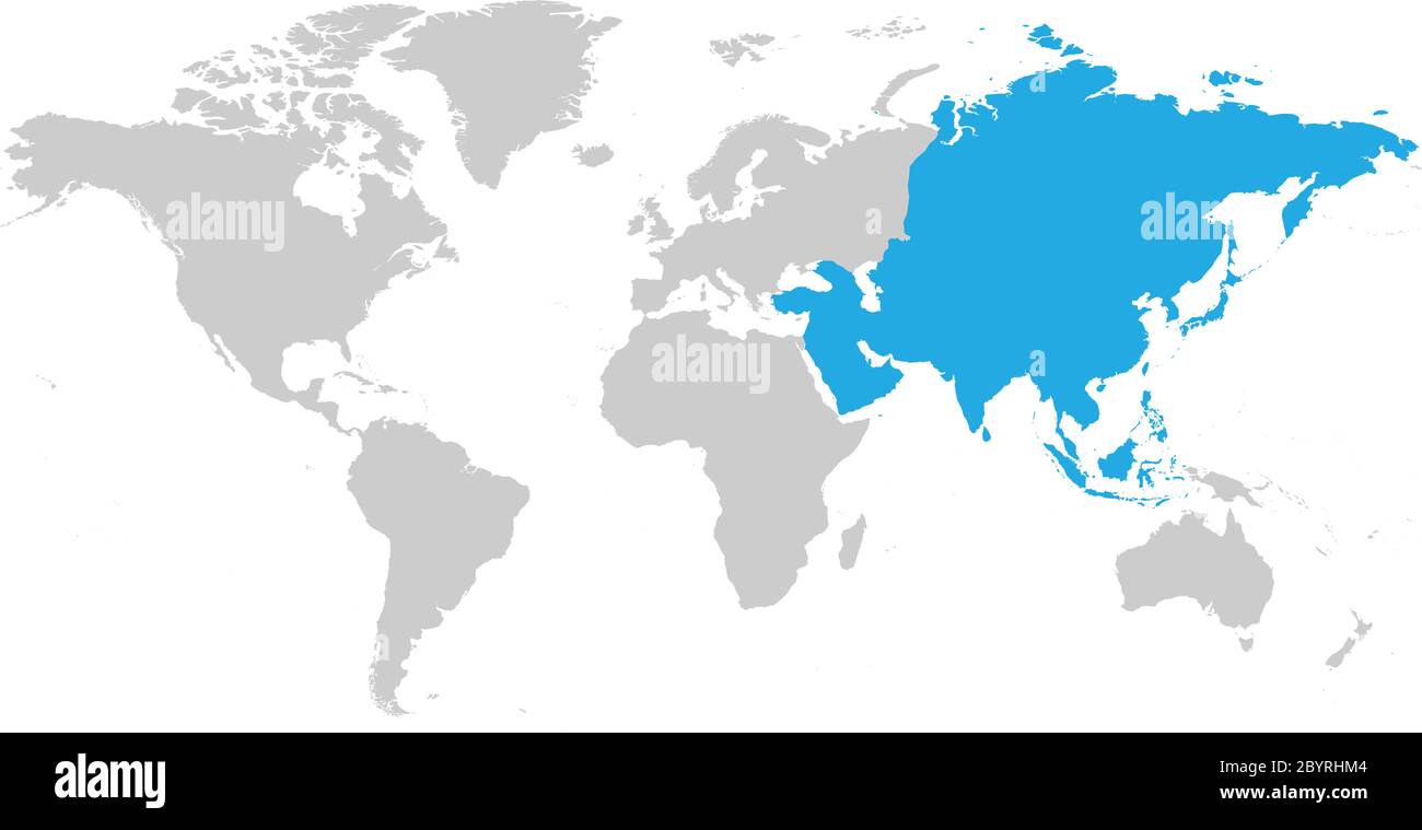 Asia continente blu segnato in grigio silhouette della mappa mondiale. Semplice illustrazione vettoriale piatta. Illustrazione Vettoriale